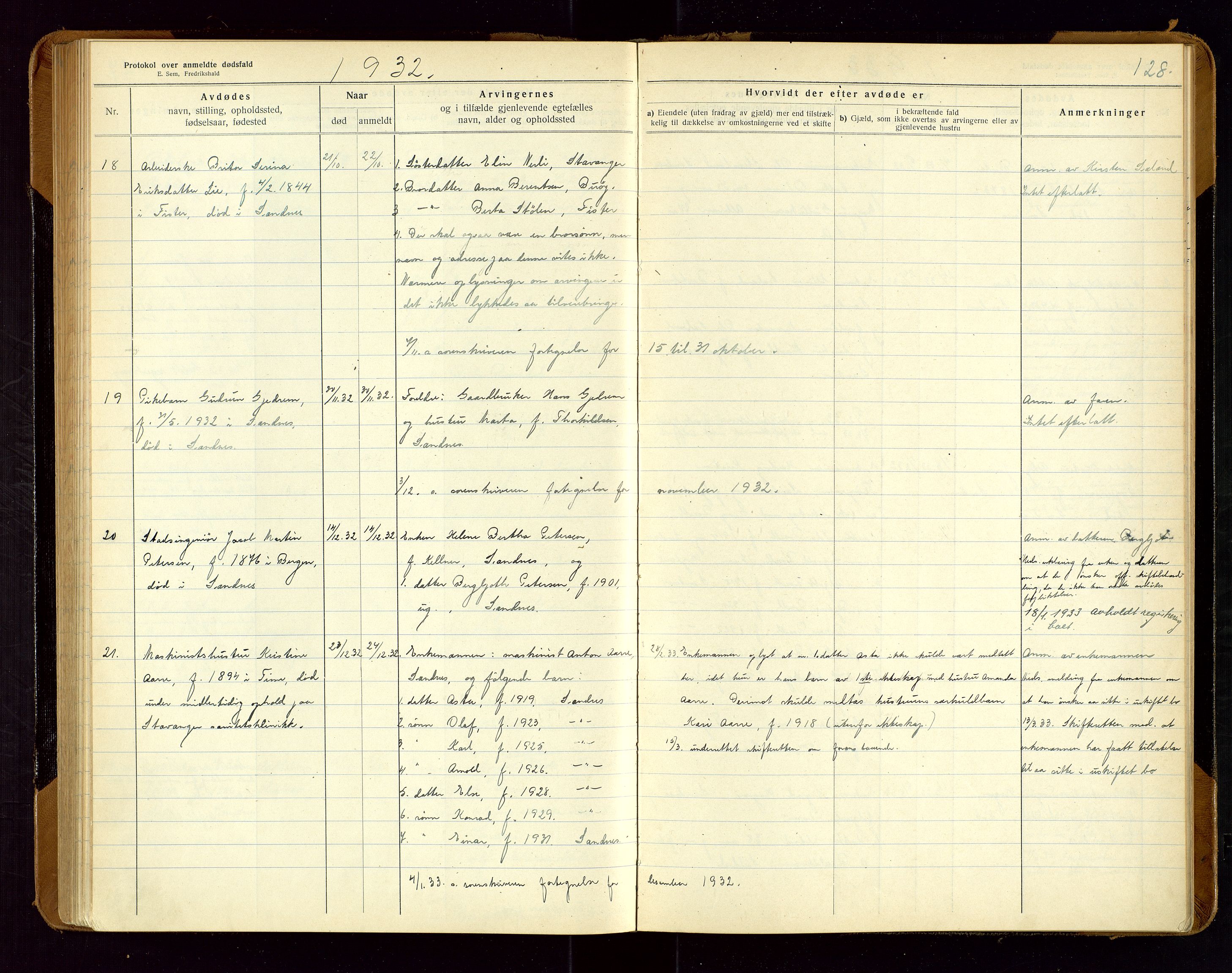 Sandnes lensmannskontor, AV/SAST-A-100167/Gga/L0001: "Protokol over anmeldte dødsfald" m/register, 1918-1940, p. 128