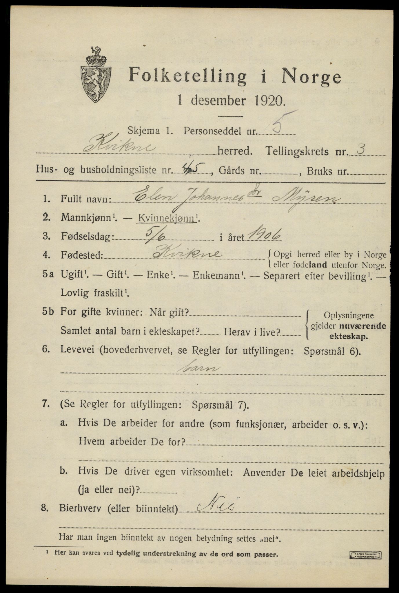 SAH, 1920 census for Kvikne, 1920, p. 1626