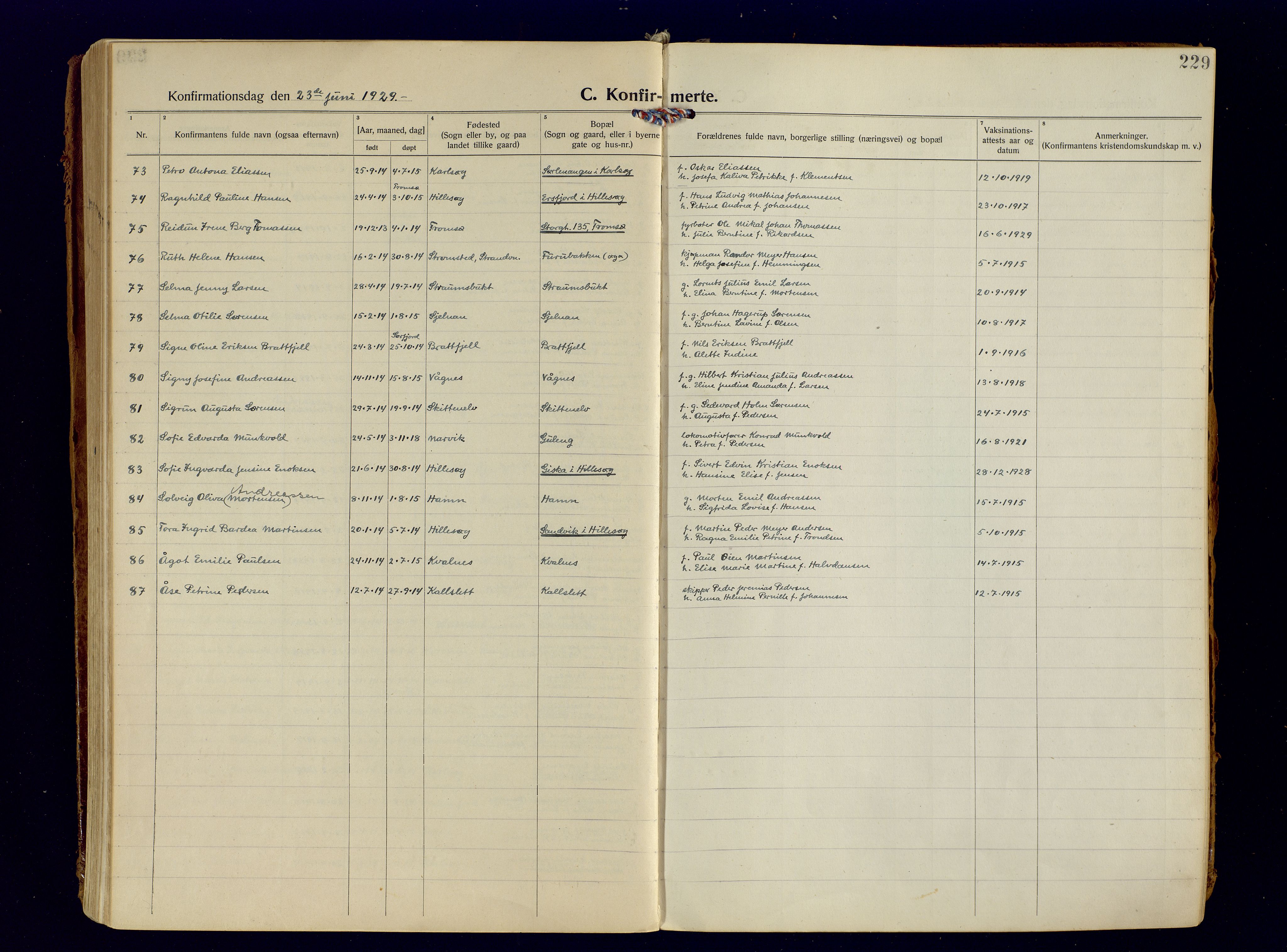 Tromsøysund sokneprestkontor, AV/SATØ-S-1304/G/Ga/L0009kirke: Parish register (official) no. 9, 1922-1934, p. 229