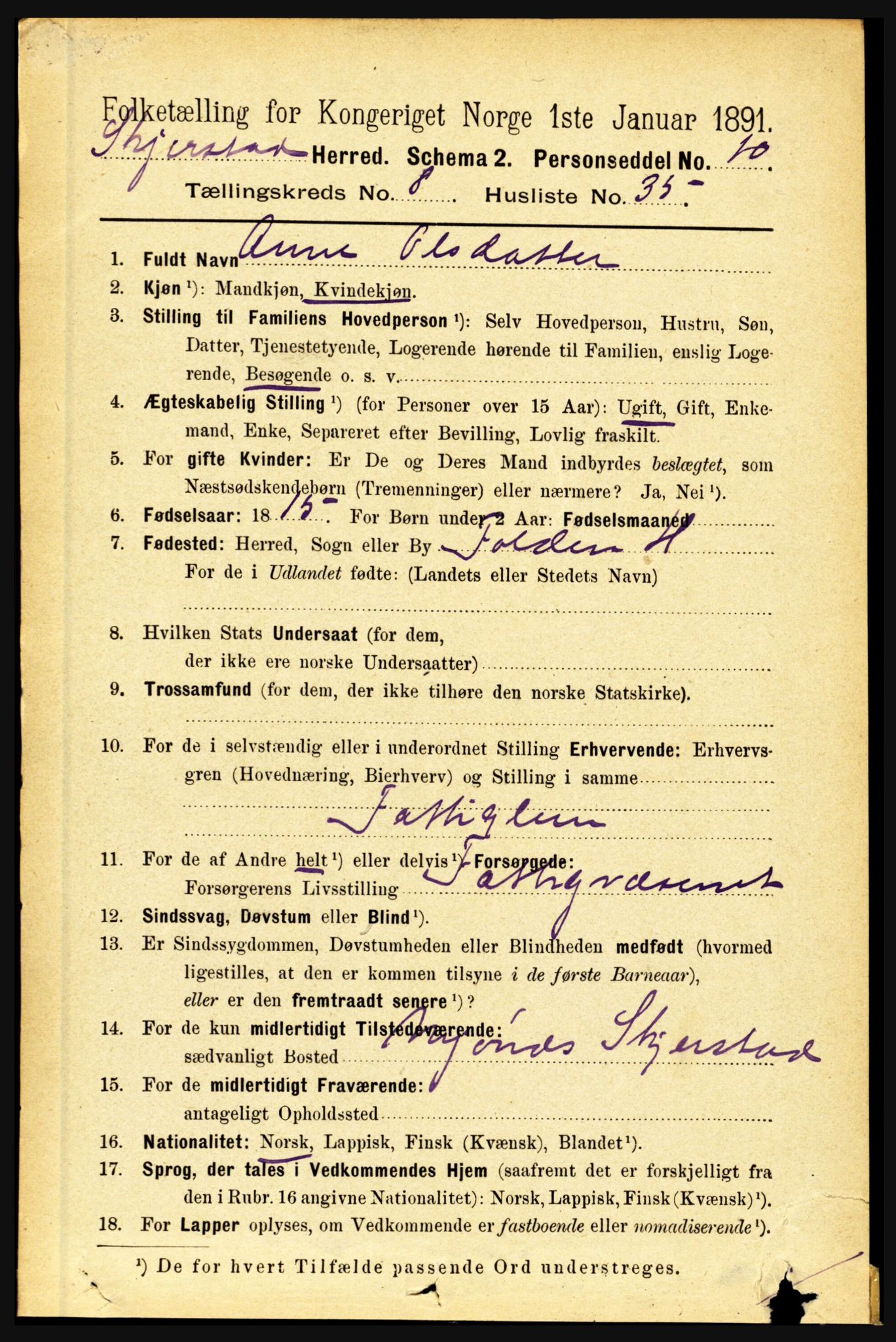 RA, 1891 census for 1842 Skjerstad, 1891, p. 3290