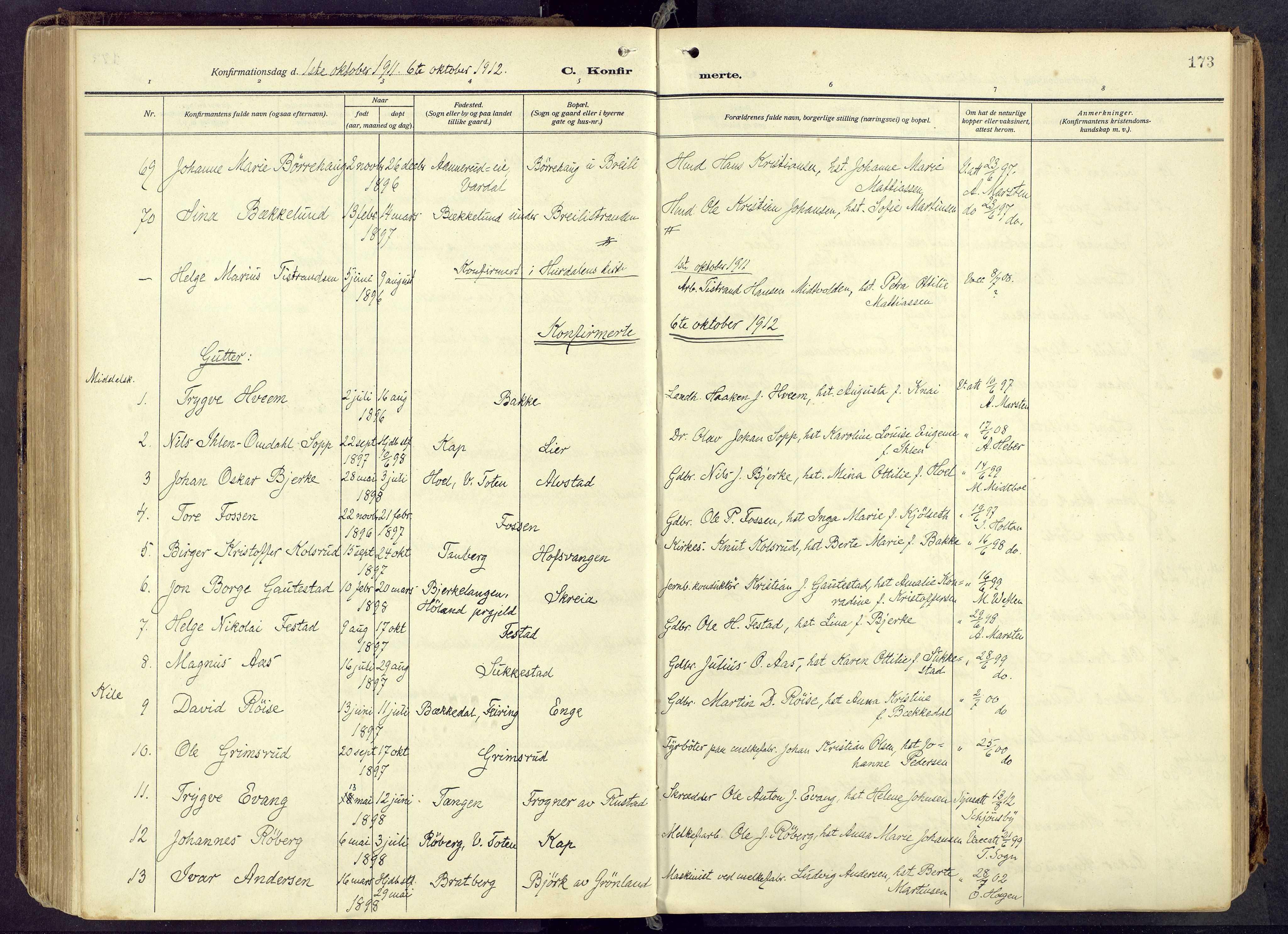 Østre Toten prestekontor, AV/SAH-PREST-104/H/Ha/Haa/L0010: Parish register (official) no. 10, 1910-1920, p. 173