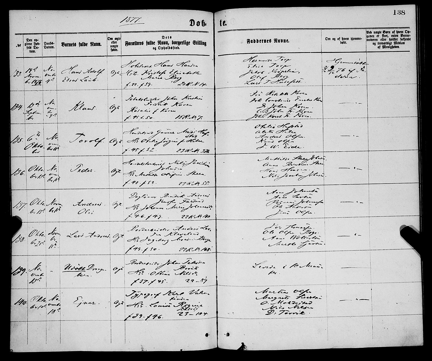 Korskirken sokneprestembete, AV/SAB-A-76101/H/Haa/L0020: Parish register (official) no. B 6, 1871-1878, p. 138