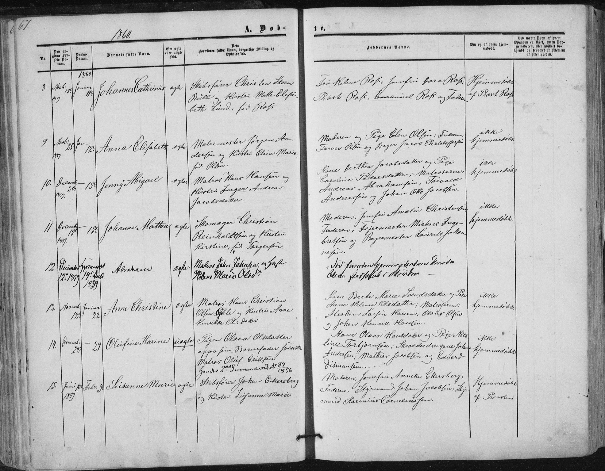 Tønsberg kirkebøker, AV/SAKO-A-330/F/Fa/L0008: Parish register (official) no. I 8, 1855-1864, p. 67