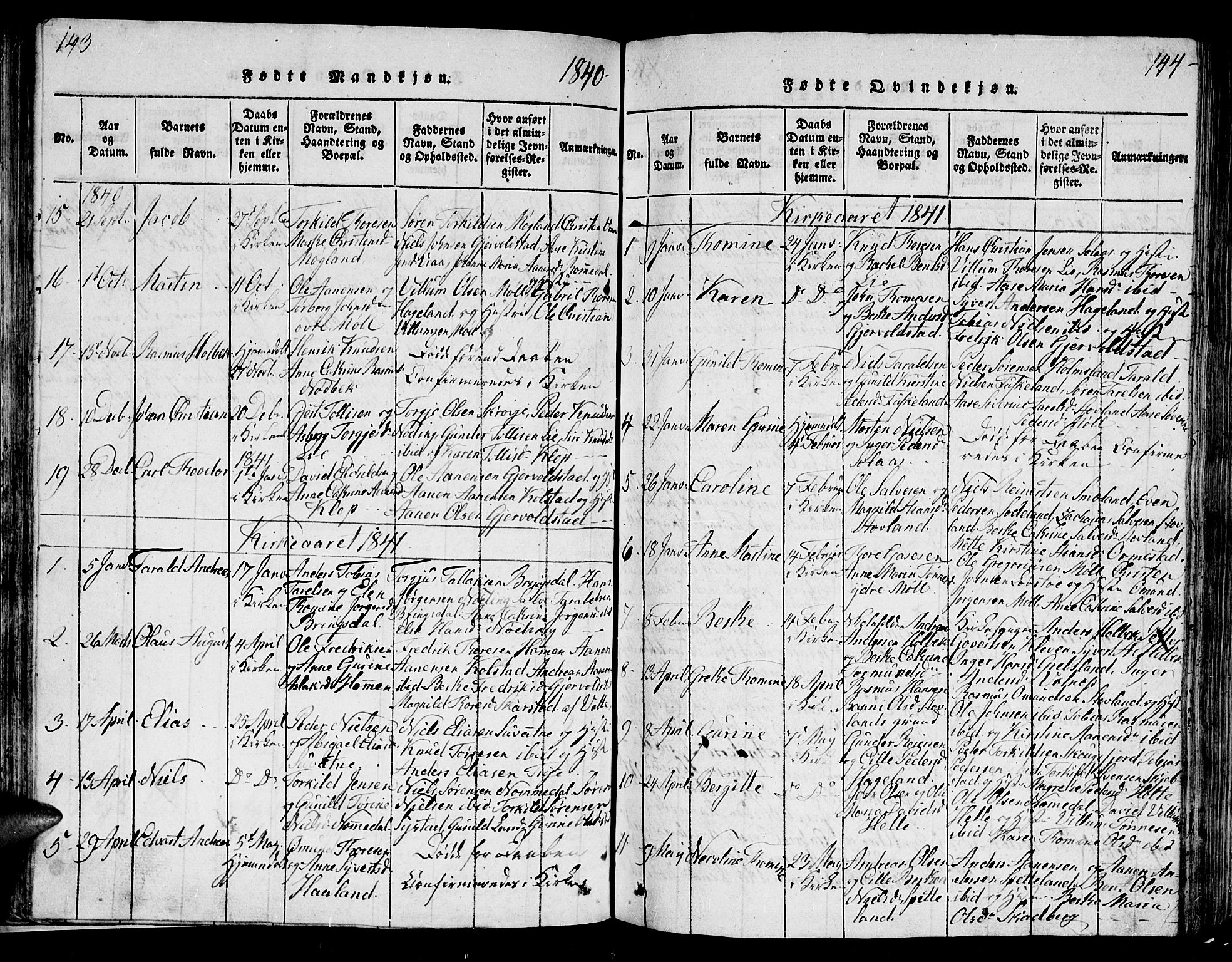 Holum sokneprestkontor, AV/SAK-1111-0022/F/Fb/Fba/L0002: Parish register (copy) no. B 2, 1820-1849, p. 143-144