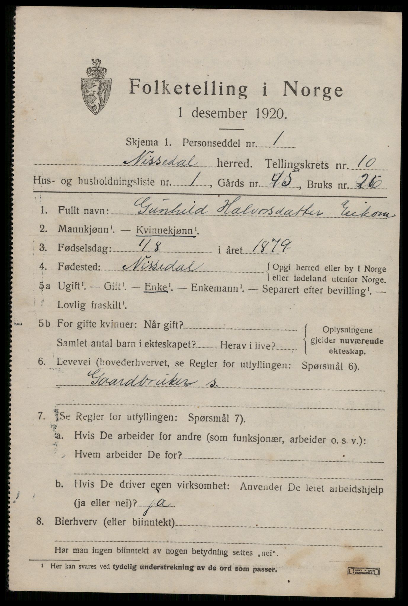 SAKO, 1920 census for Nissedal, 1920, p. 3887