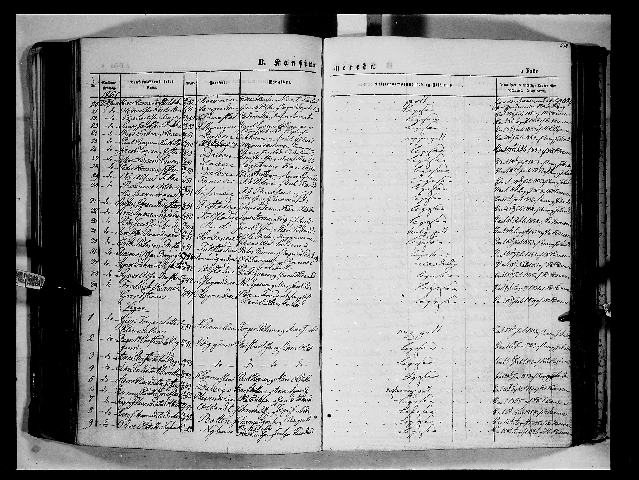 Vågå prestekontor, SAH/PREST-076/H/Ha/Haa/L0006: Parish register (official) no. 6 /1, 1856-1872, p. 214