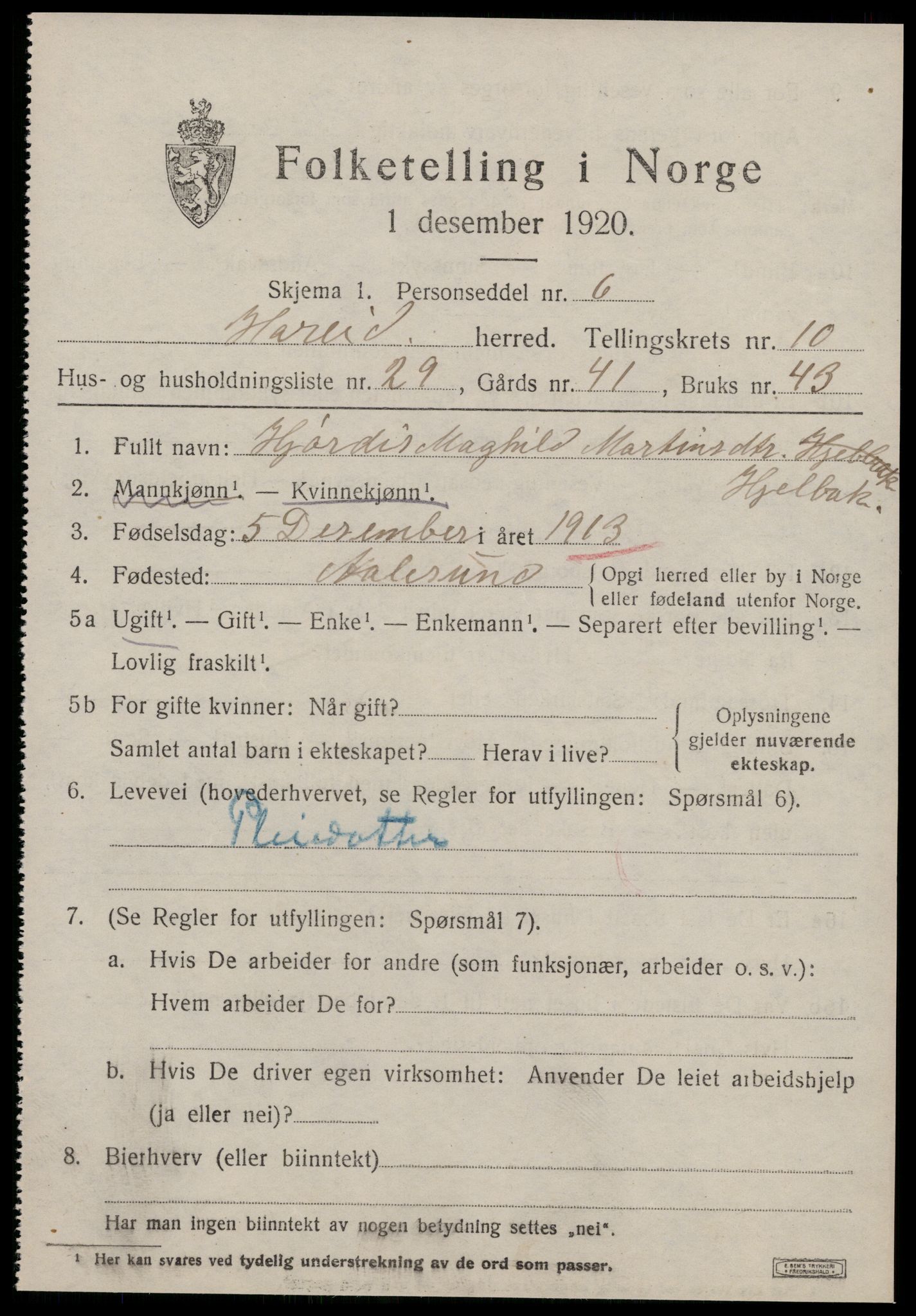 SAT, 1920 census for Hareid, 1920, p. 3979