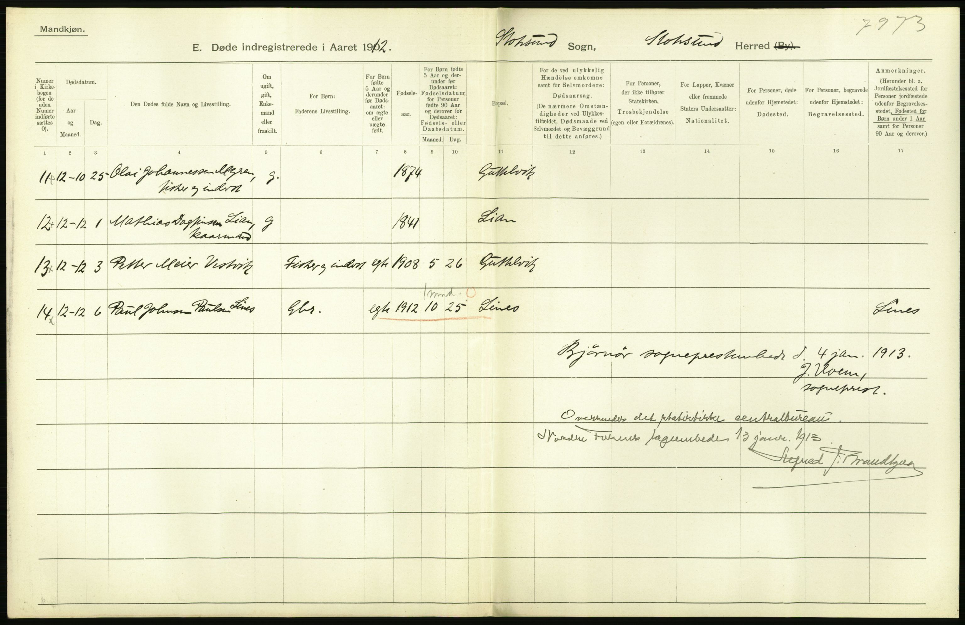 Statistisk sentralbyrå, Sosiodemografiske emner, Befolkning, AV/RA-S-2228/D/Df/Dfb/Dfbb/L0042: S. Trondhjems amt: Døde. Bygder., 1912, p. 68