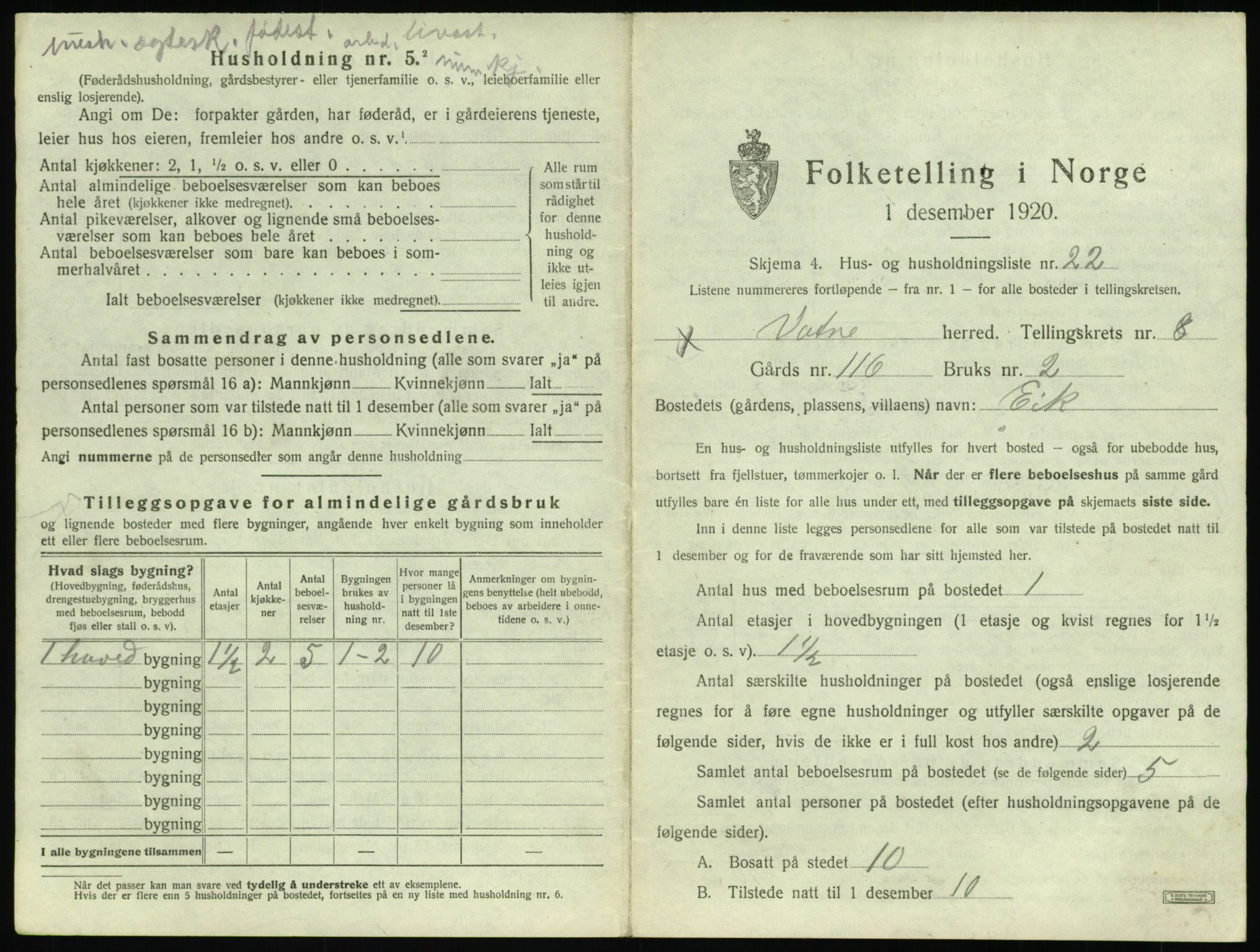 SAT, 1920 census for Vatne, 1920, p. 498