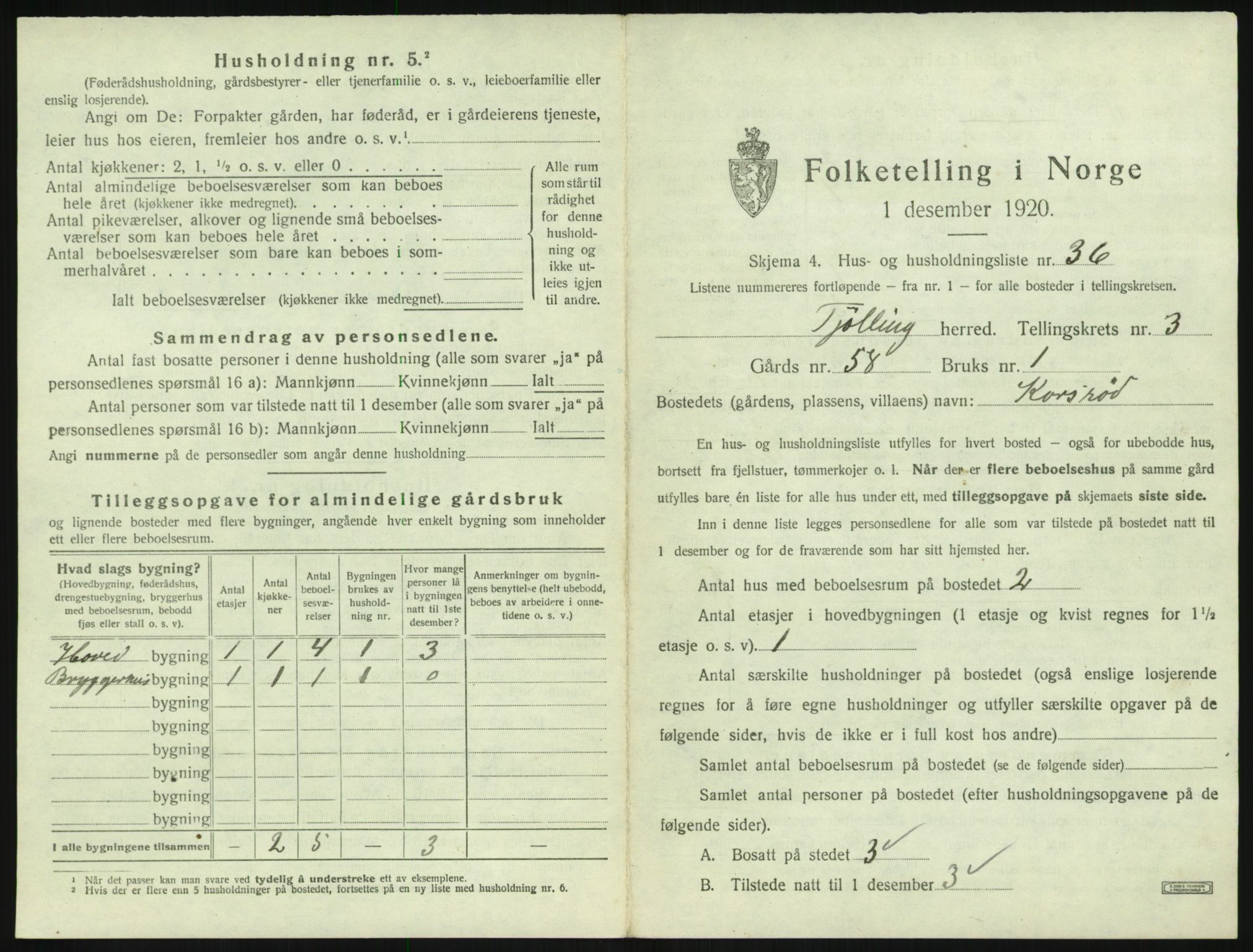 SAKO, 1920 census for Tjølling, 1920, p. 1037