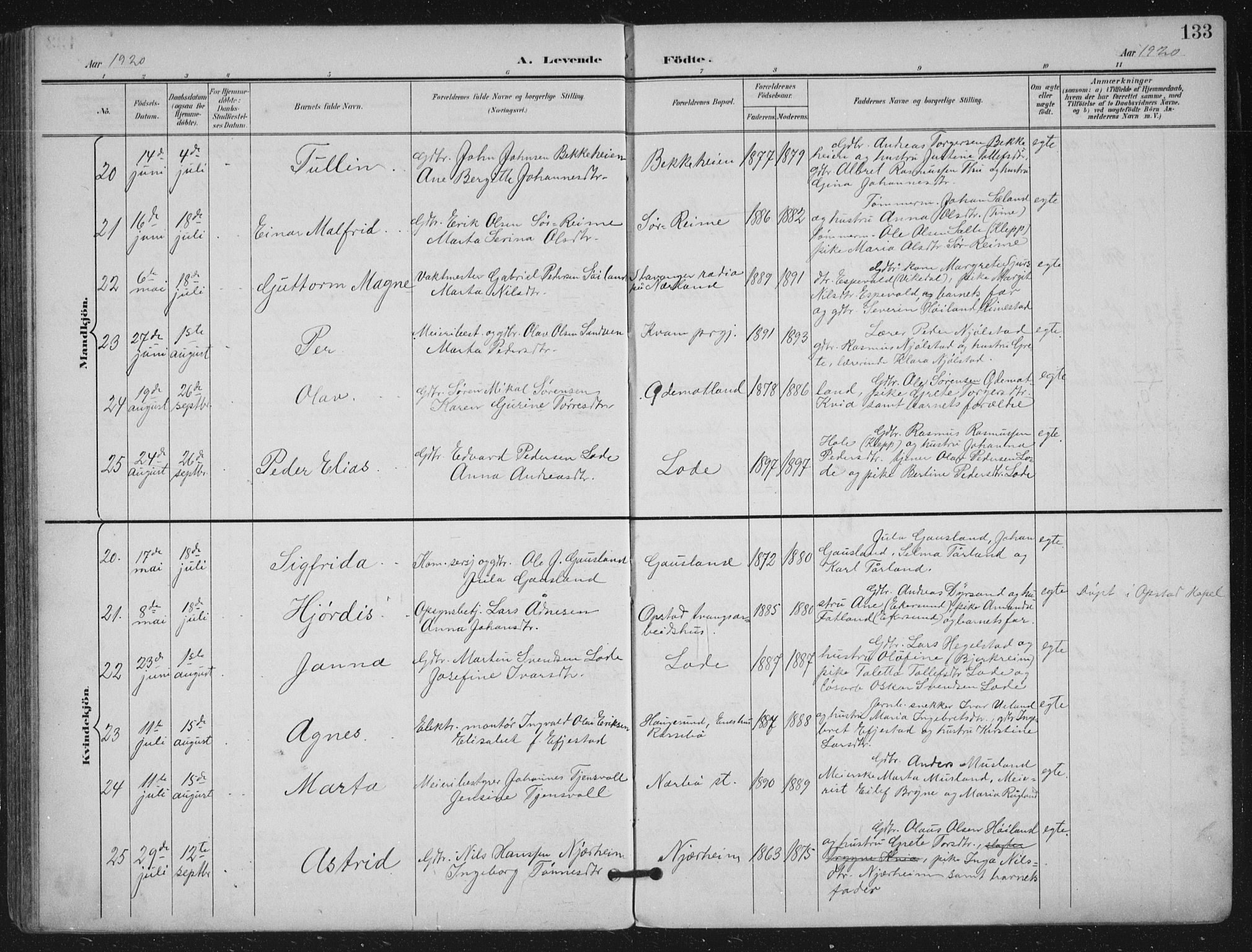 Hå sokneprestkontor, SAST/A-101801/002/B/L0001: Parish register (official) no. A 11, 1897-1924, p. 133