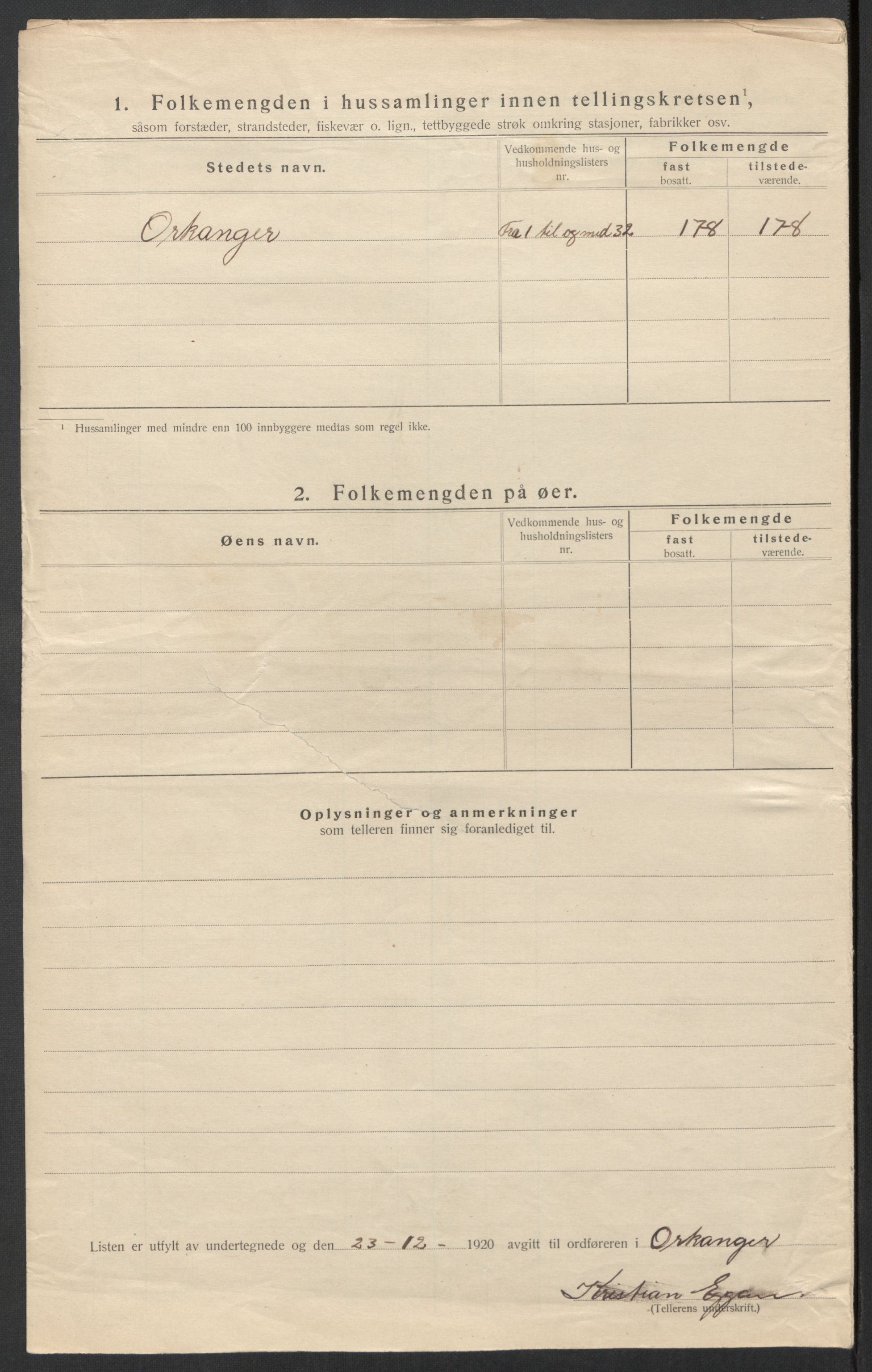 SAT, 1920 census for Orkanger, 1920, p. 25