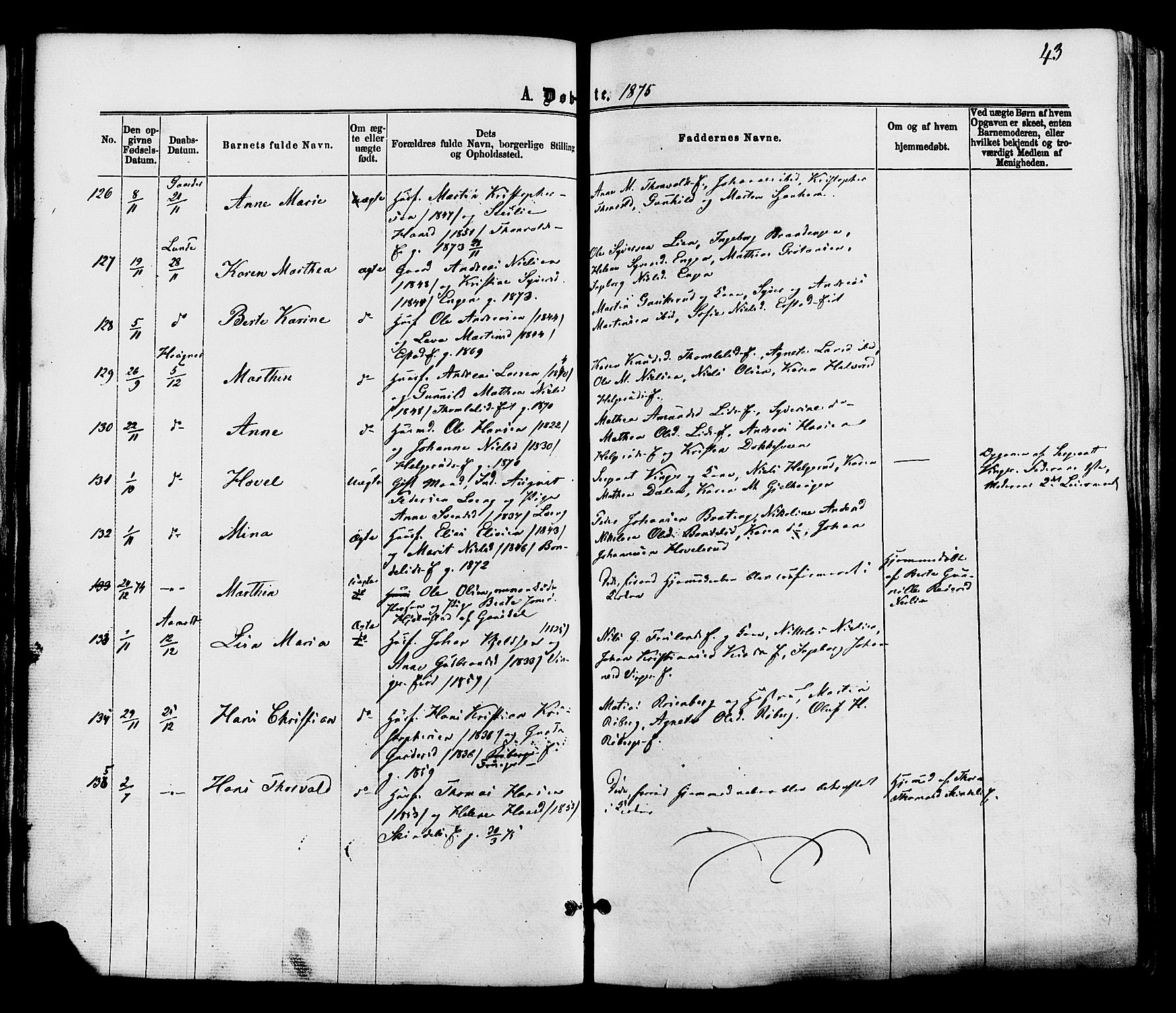 Nordre Land prestekontor, SAH/PREST-124/H/Ha/Haa/L0002: Parish register (official) no. 2, 1872-1881, p. 43