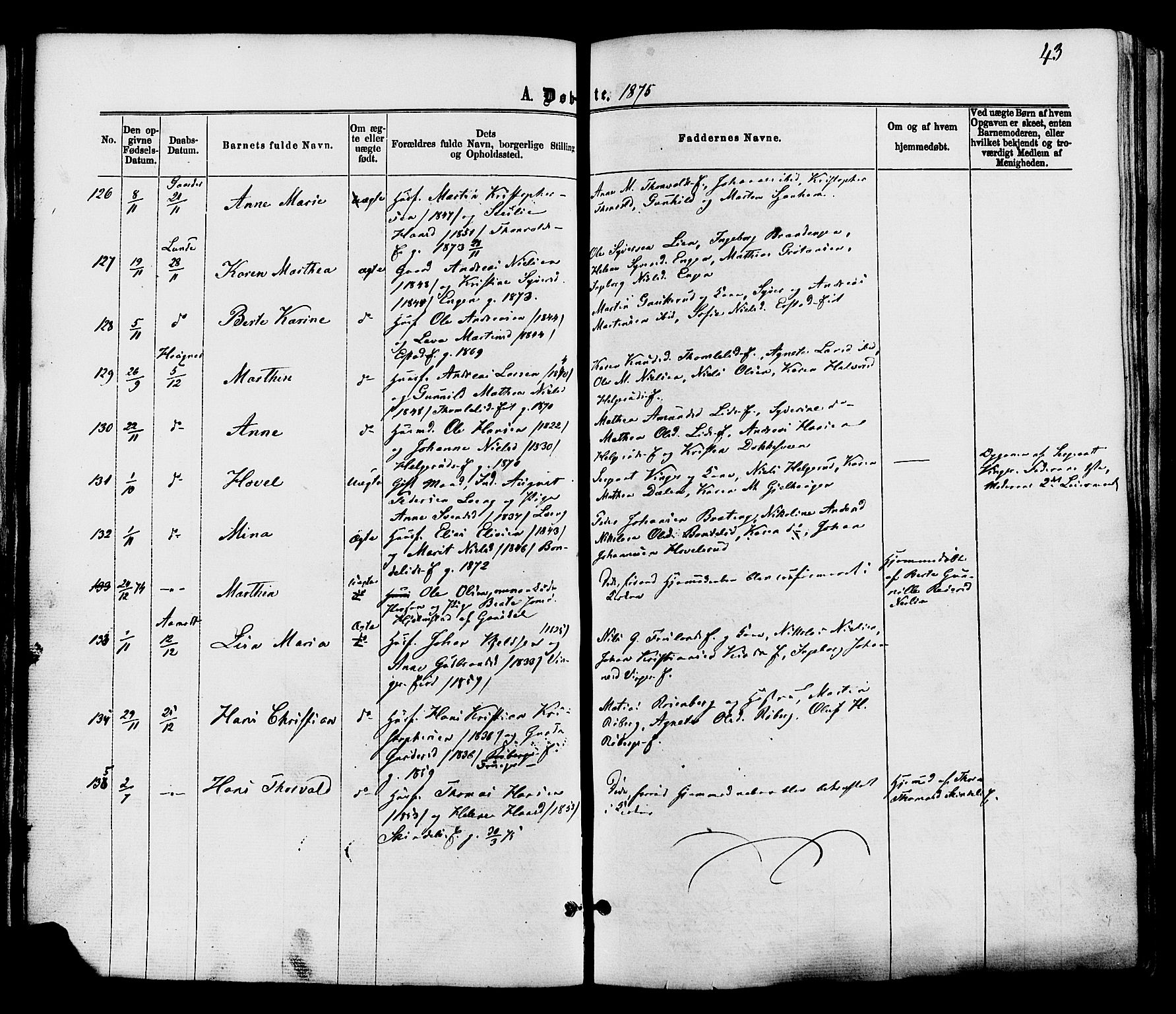 Nordre Land prestekontor, AV/SAH-PREST-124/H/Ha/Haa/L0002: Parish register (official) no. 2, 1872-1881, p. 43