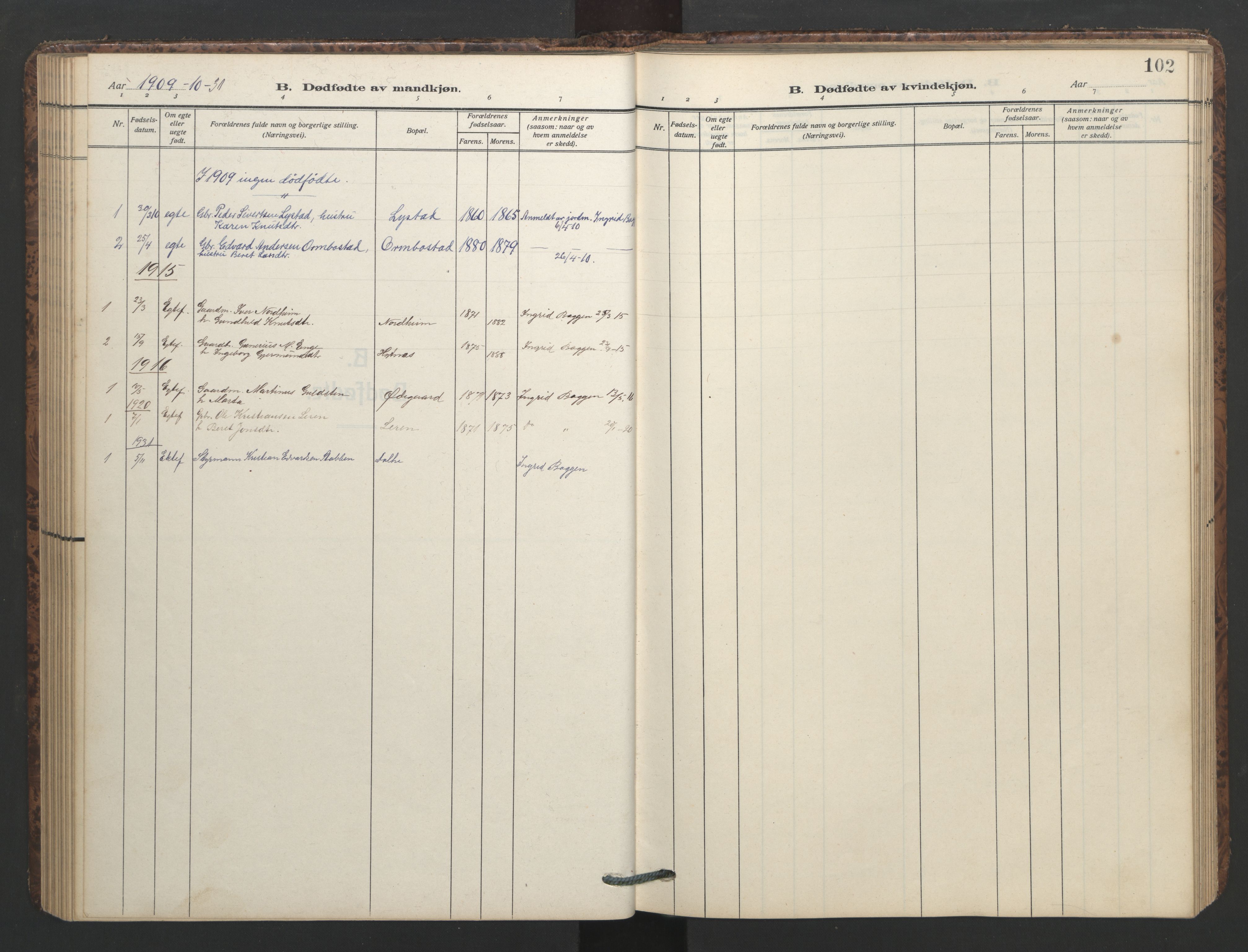 Ministerialprotokoller, klokkerbøker og fødselsregistre - Møre og Romsdal, AV/SAT-A-1454/577/L0897: Parish register (copy) no. 577C01, 1909-1946, p. 102