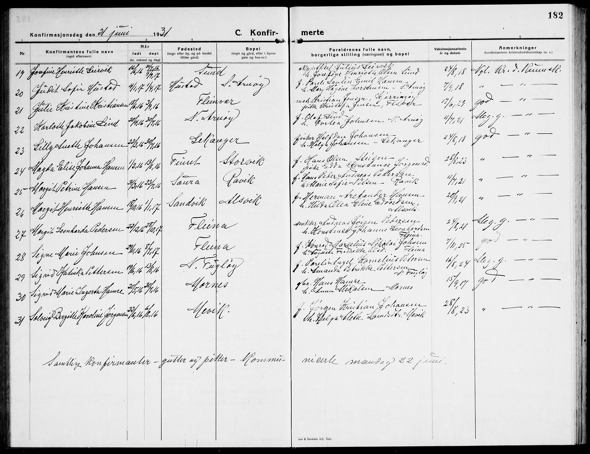 Ministerialprotokoller, klokkerbøker og fødselsregistre - Nordland, AV/SAT-A-1459/805/L0111: Parish register (copy) no. 805C07, 1925-1943, p. 182