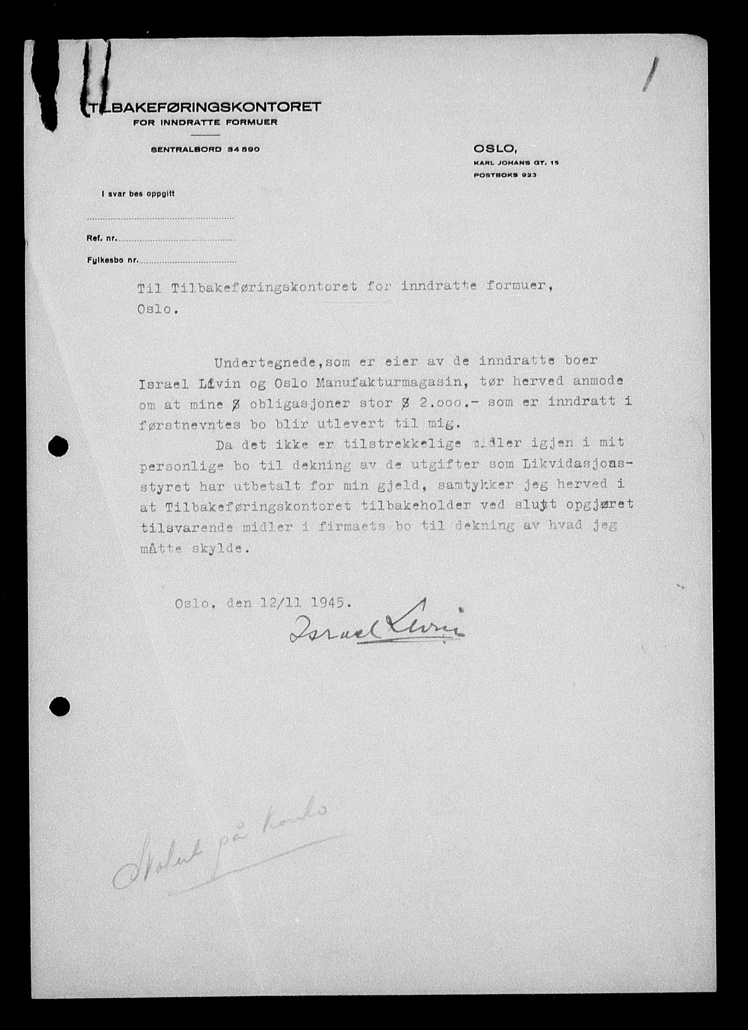 Justisdepartementet, Tilbakeføringskontoret for inndratte formuer, AV/RA-S-1564/H/Hc/Hcc/L0957: --, 1945-1947, p. 177