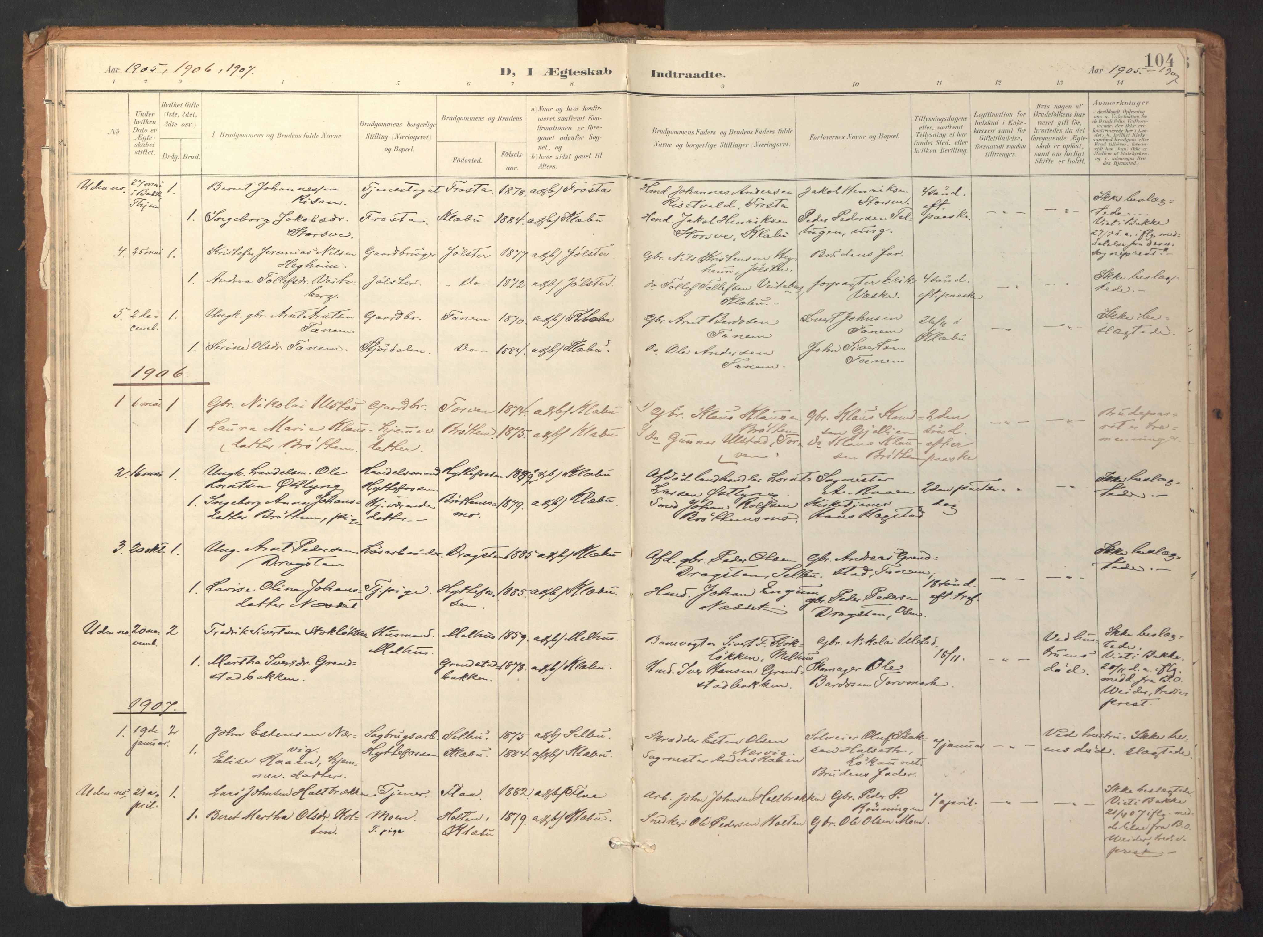 Ministerialprotokoller, klokkerbøker og fødselsregistre - Sør-Trøndelag, SAT/A-1456/618/L0448: Parish register (official) no. 618A11, 1898-1916, p. 104