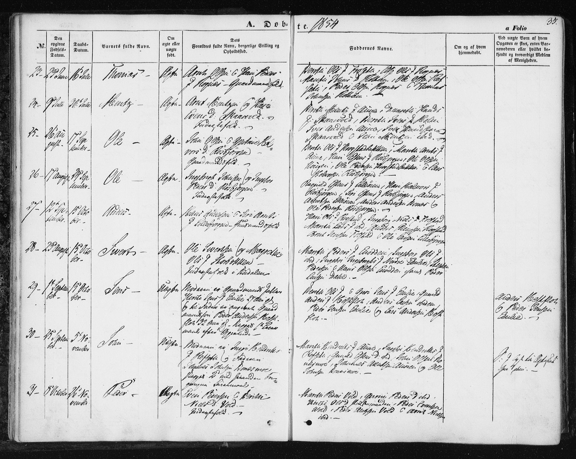 Ministerialprotokoller, klokkerbøker og fødselsregistre - Sør-Trøndelag, AV/SAT-A-1456/687/L1000: Parish register (official) no. 687A06, 1848-1869, p. 35