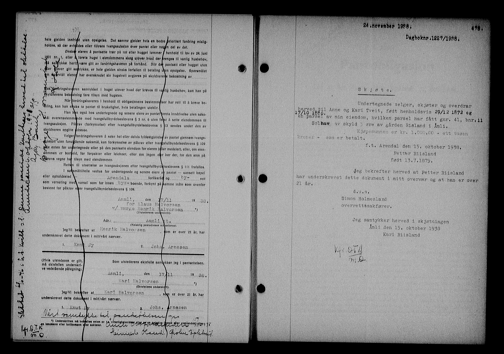 Nedenes sorenskriveri, SAK/1221-0006/G/Gb/Gba/L0045: Mortgage book no. 41, 1938-1938, Diary no: : 1227/1938