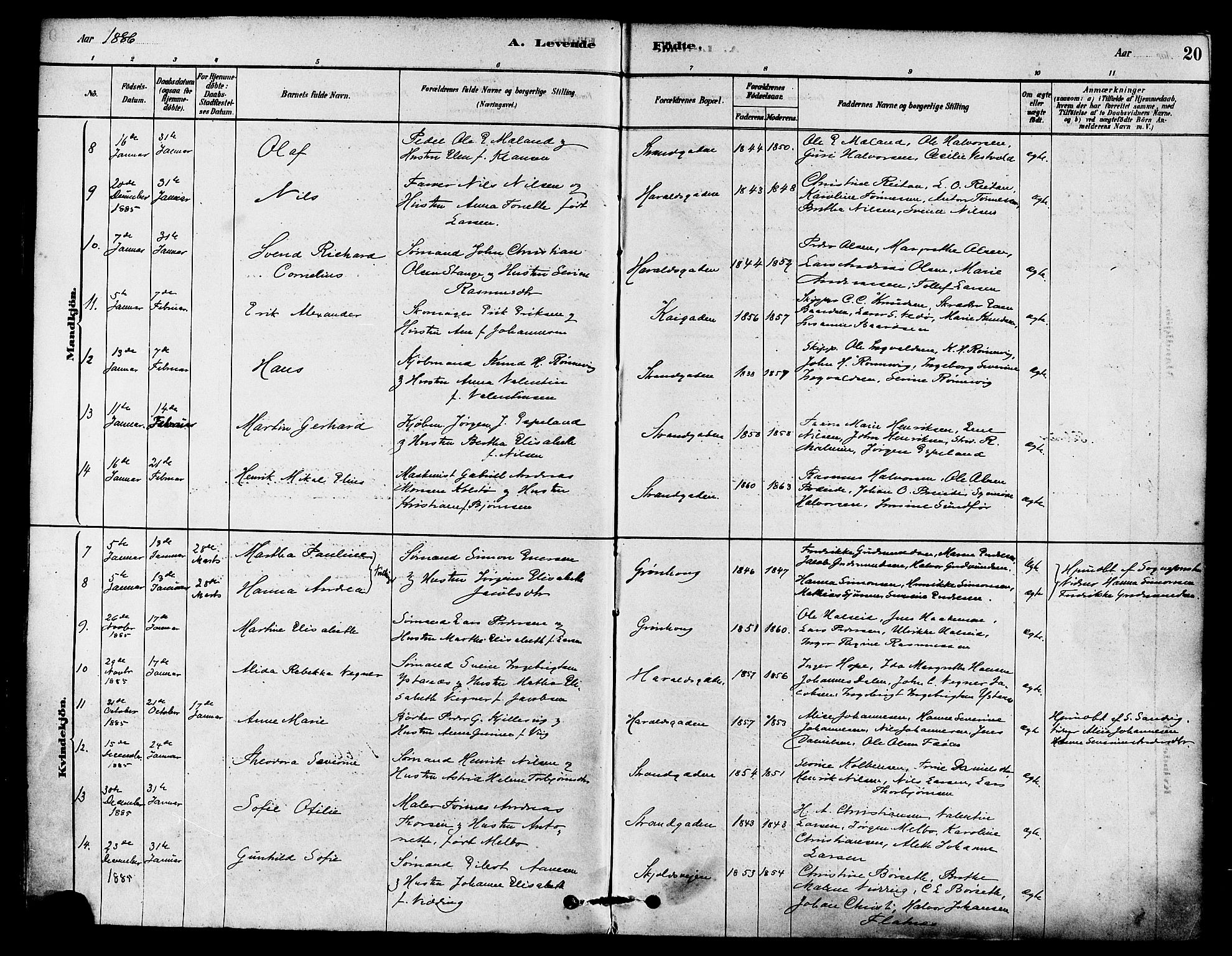 Haugesund sokneprestkontor, SAST/A -101863/H/Ha/Haa/L0003: Parish register (official) no. A 3, 1885-1890, p. 20