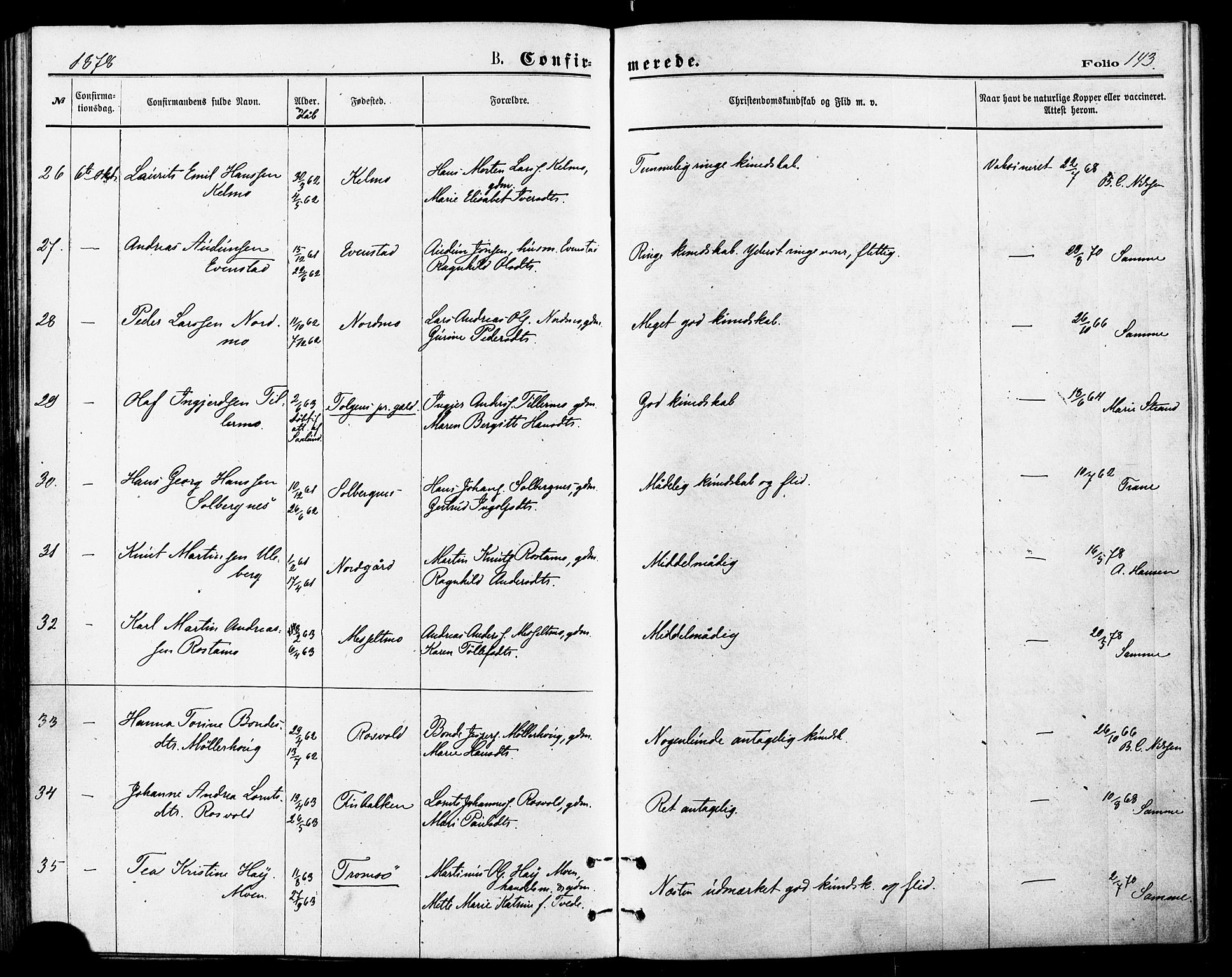 Målselv sokneprestembete, SATØ/S-1311/G/Ga/Gaa/L0005kirke: Parish register (official) no. 5, 1872-1884, p. 143