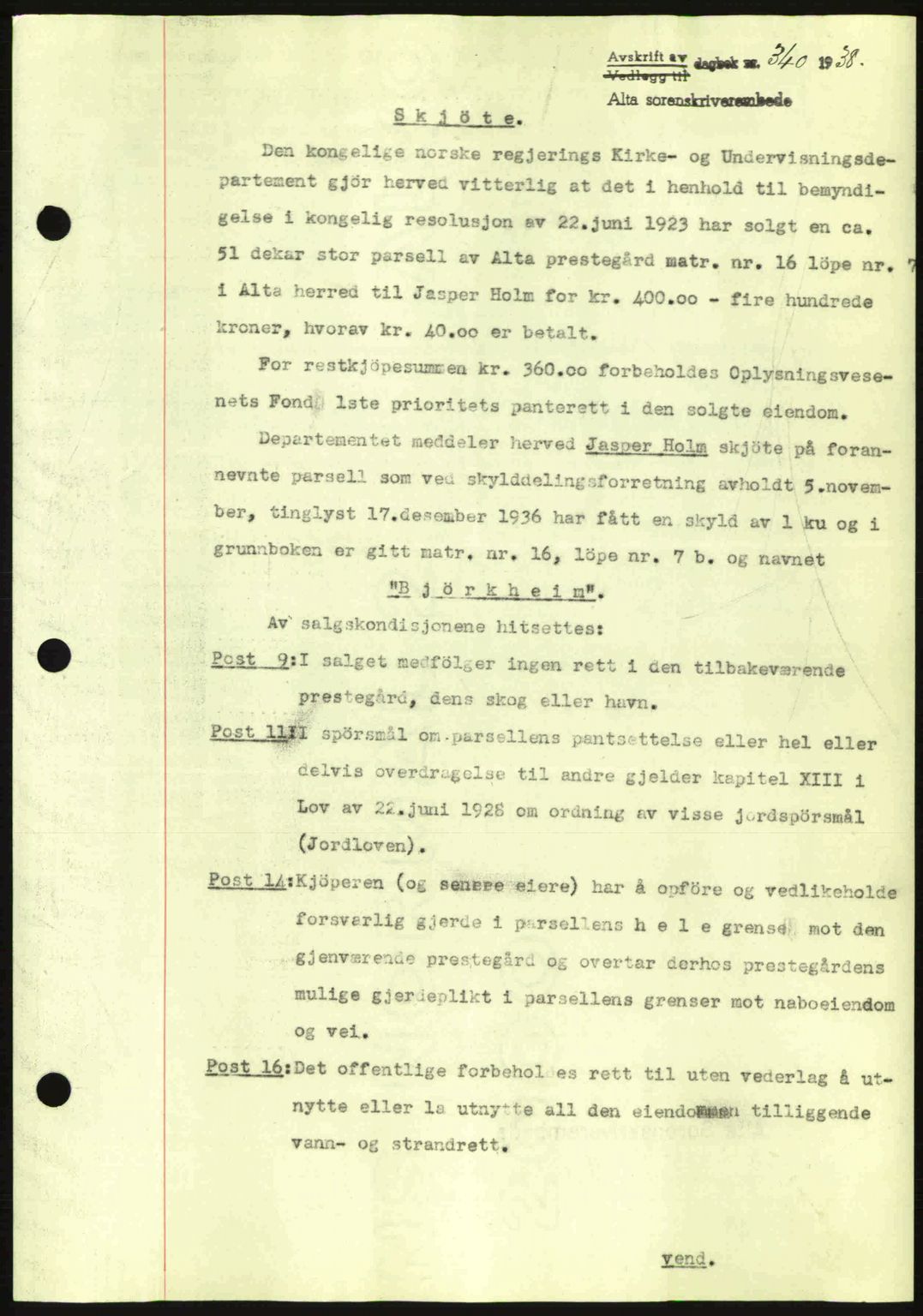 Alta fogderi/sorenskriveri, SATØ/SATØ-5/1/K/Kd/L0031pantebok: Mortgage book no. 31, 1938-1939, Diary no: : 340/1938