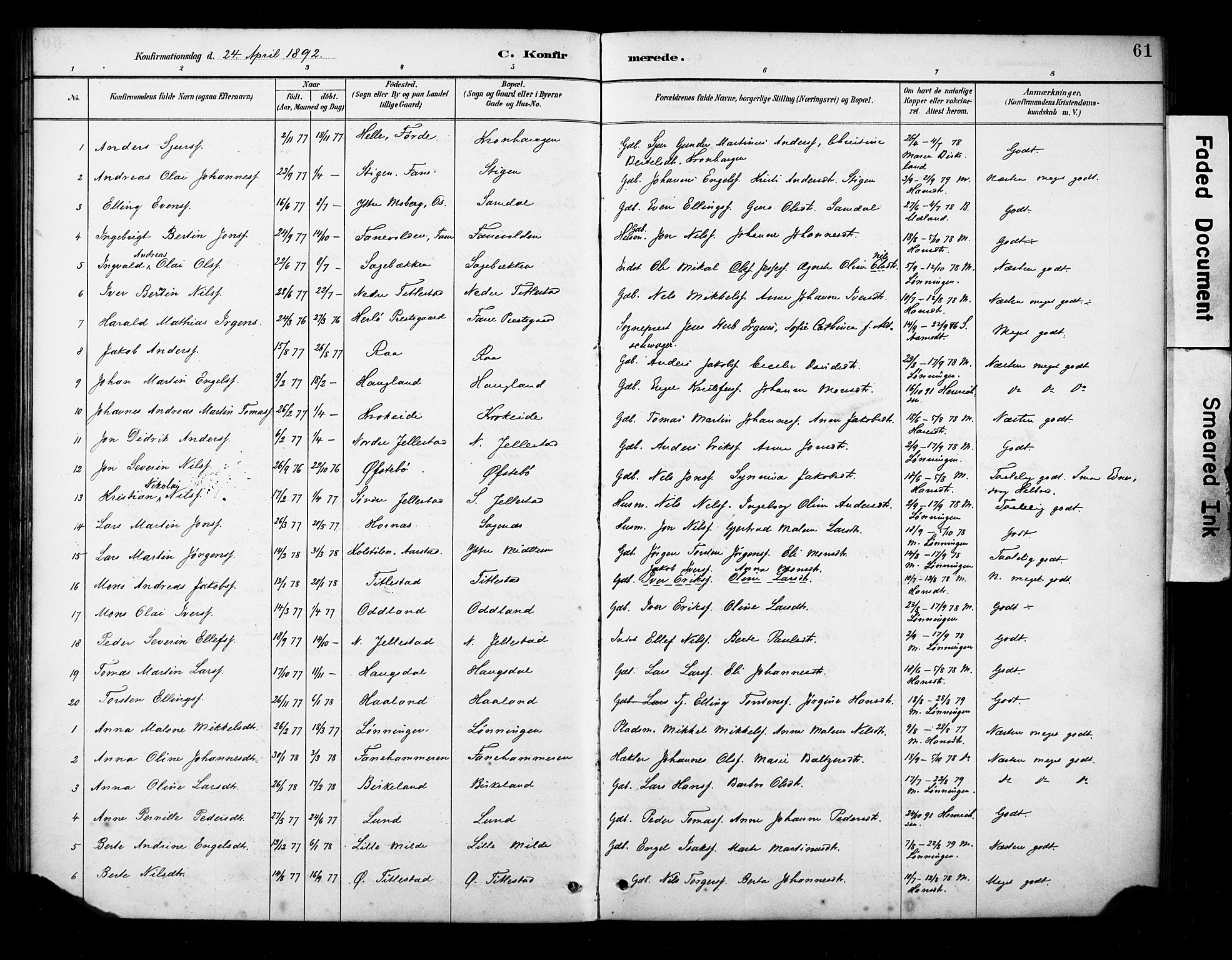 Fana Sokneprestembete, SAB/A-75101/H/Haa/Haab/L0002: Parish register (official) no. B 2, 1890-1897, p. 61