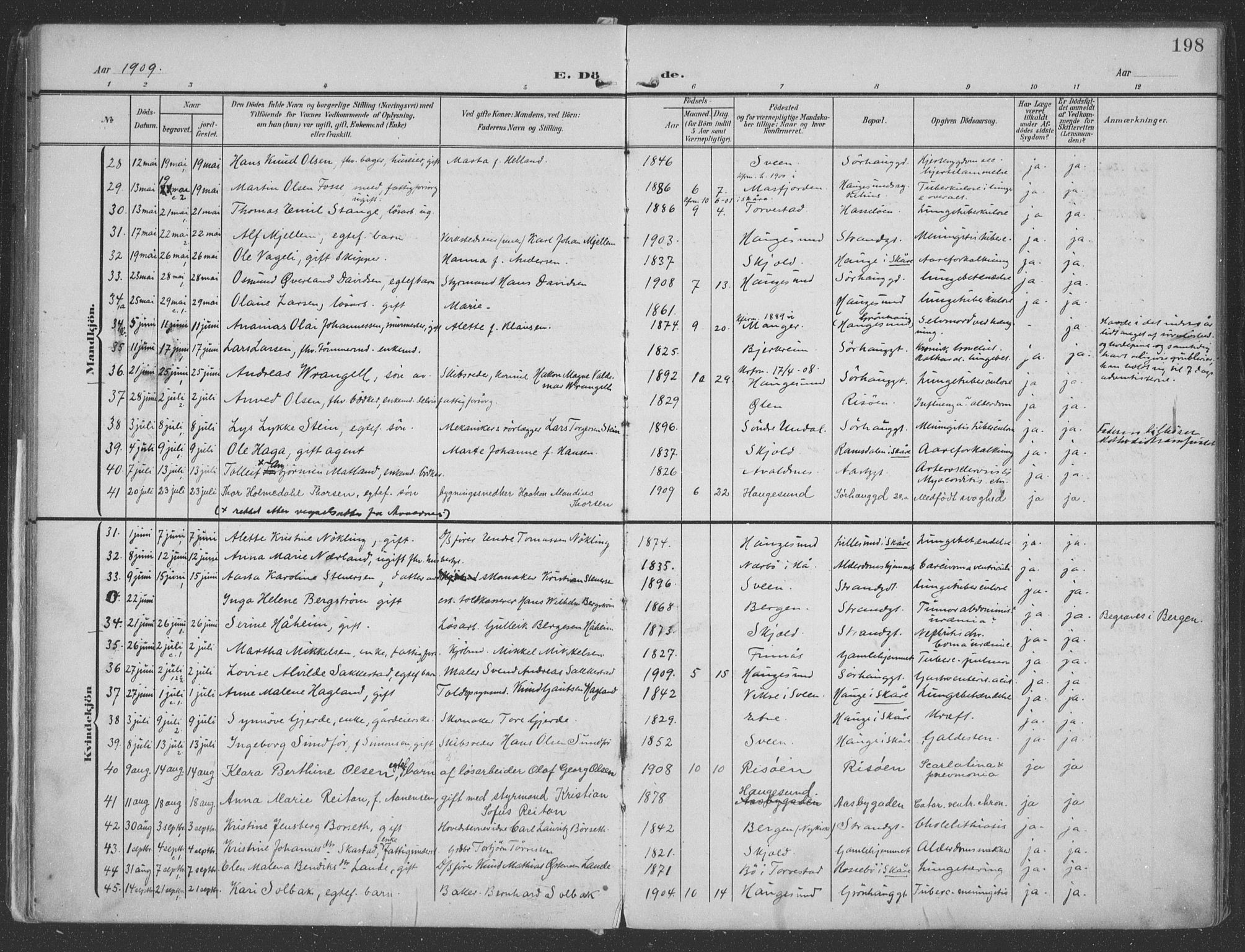 Haugesund sokneprestkontor, AV/SAST-A -101863/H/Ha/Haa/L0007: Parish register (official) no. A 7, 1904-1916, p. 198