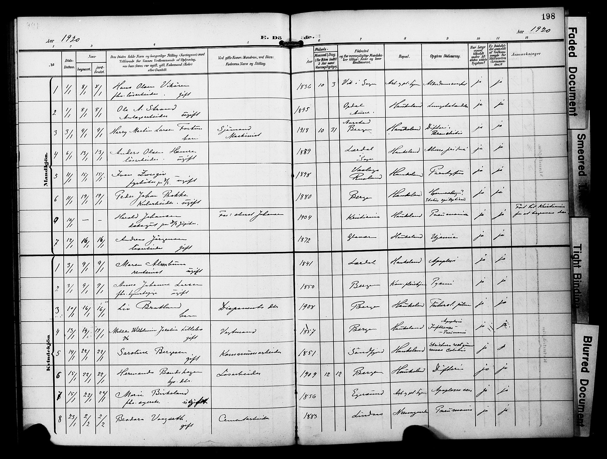 Bergen kommunale pleiehjem - stiftelsespresten, SAB/A-100281: Parish register (official) no. A 6, 1908-1920, p. 198