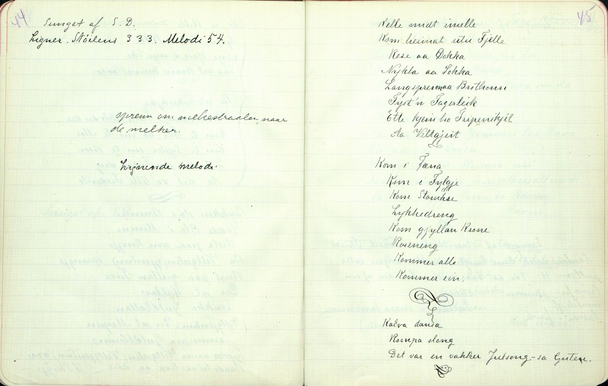 Rikard Berge, TEMU/TGM-A-1003/F/L0003/0021: 061-100 Innholdslister / 80 Visur, Baansuller, Slatterim,  Leiker, Kulokker. Gudbrandsdal, Vaagaa, 1910, p. 44-45