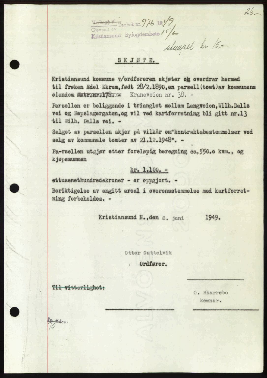 Kristiansund byfogd, AV/SAT-A-4587/A/27: Mortgage book no. 46, 1949-1950, Diary no: : 976/1949