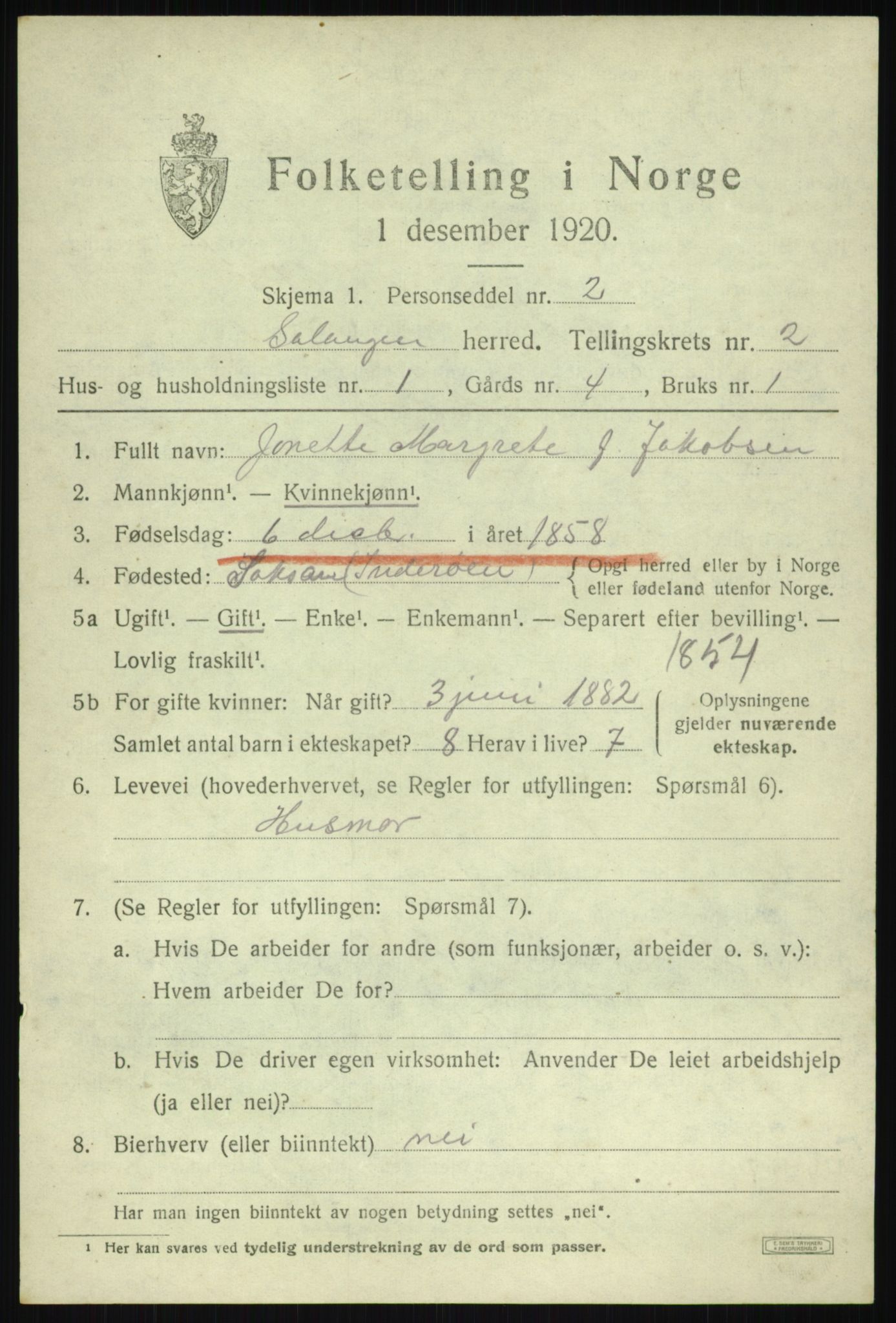 SATØ, 1920 census for Salangen, 1920, p. 1164