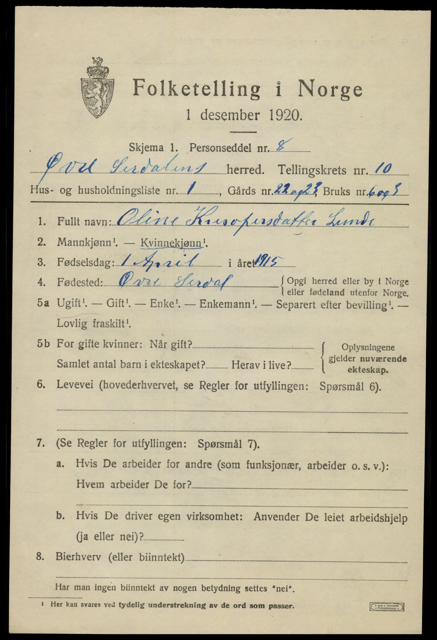 SAK, 1920 census for Øvre Sirdal, 1920, p. 1673