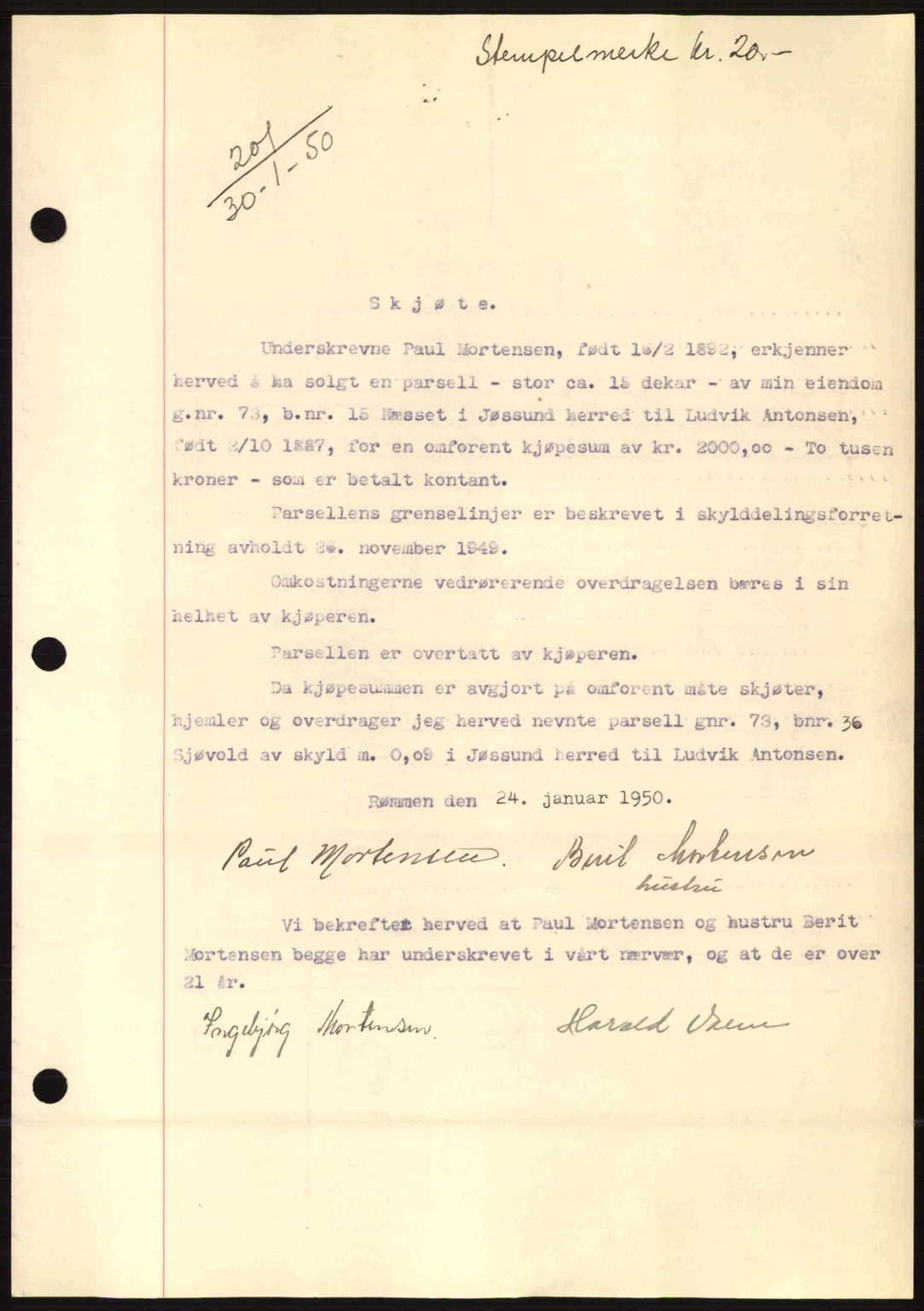 Fosen sorenskriveri, AV/SAT-A-1107/1/2/2C: Mortgage book no. A10, 1949-1950, Diary no: : 201/1950