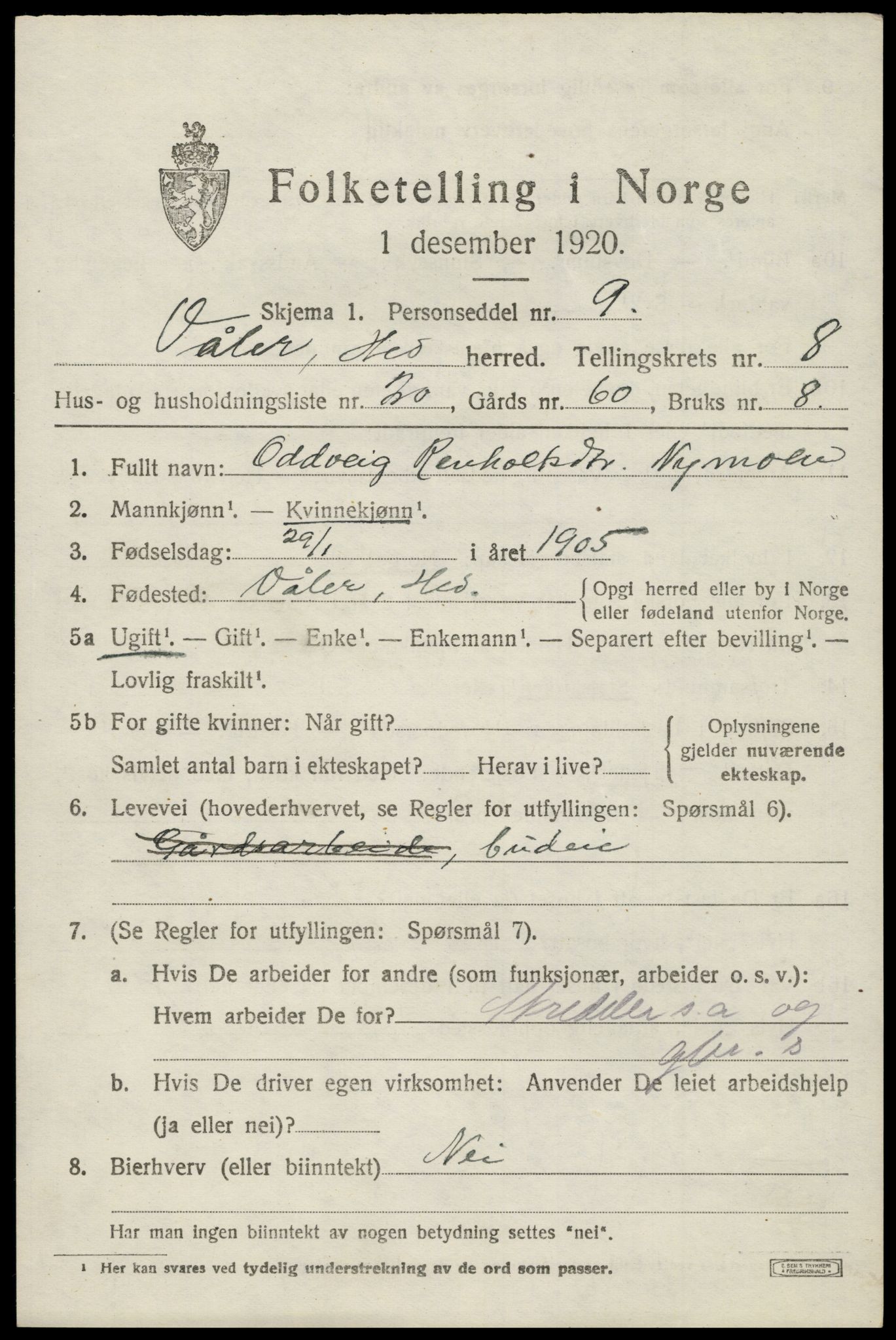 SAH, 1920 census for Våler (Hedmark), 1920, p. 8481