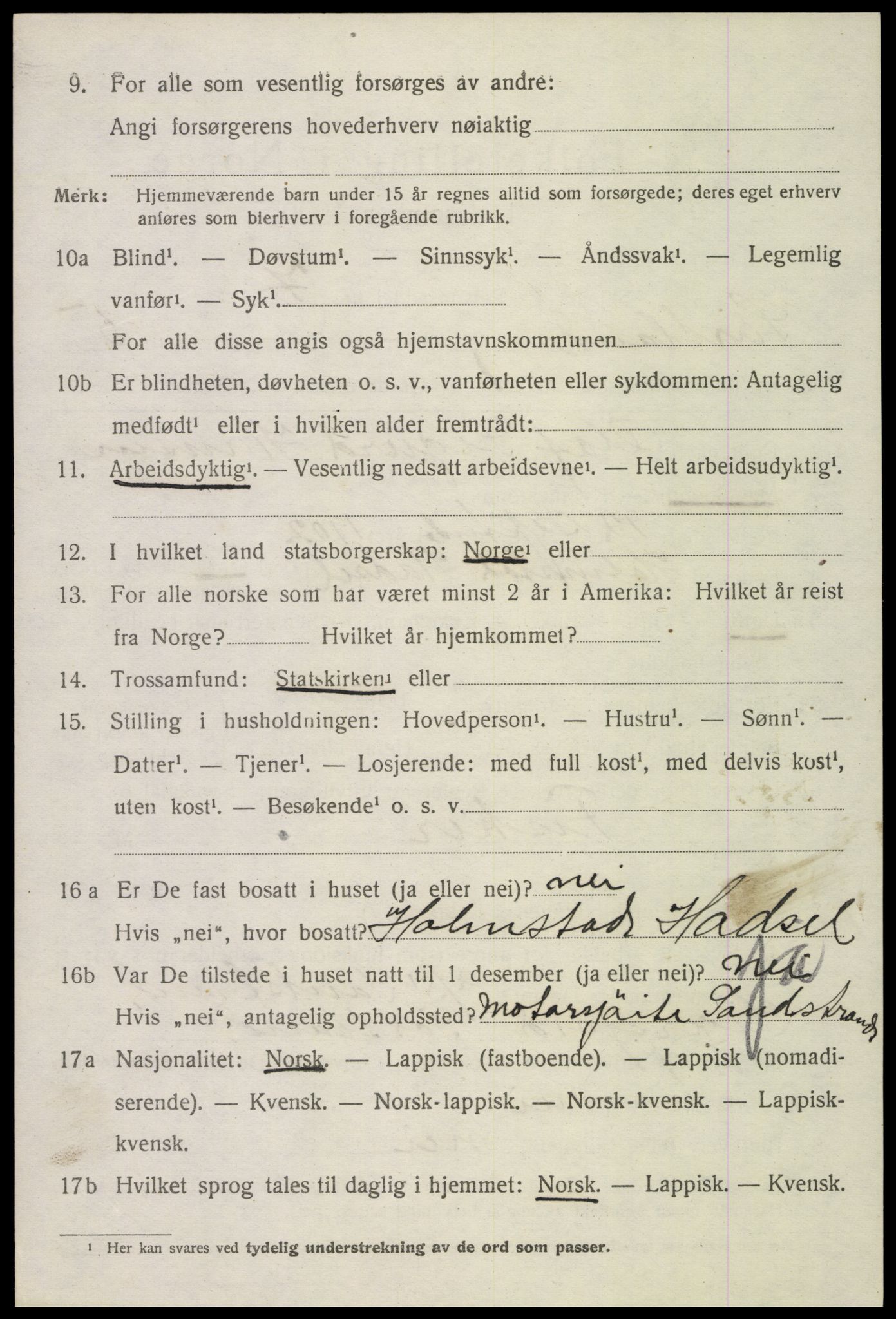 SAT, 1920 census for Sortland, 1920, p. 5485