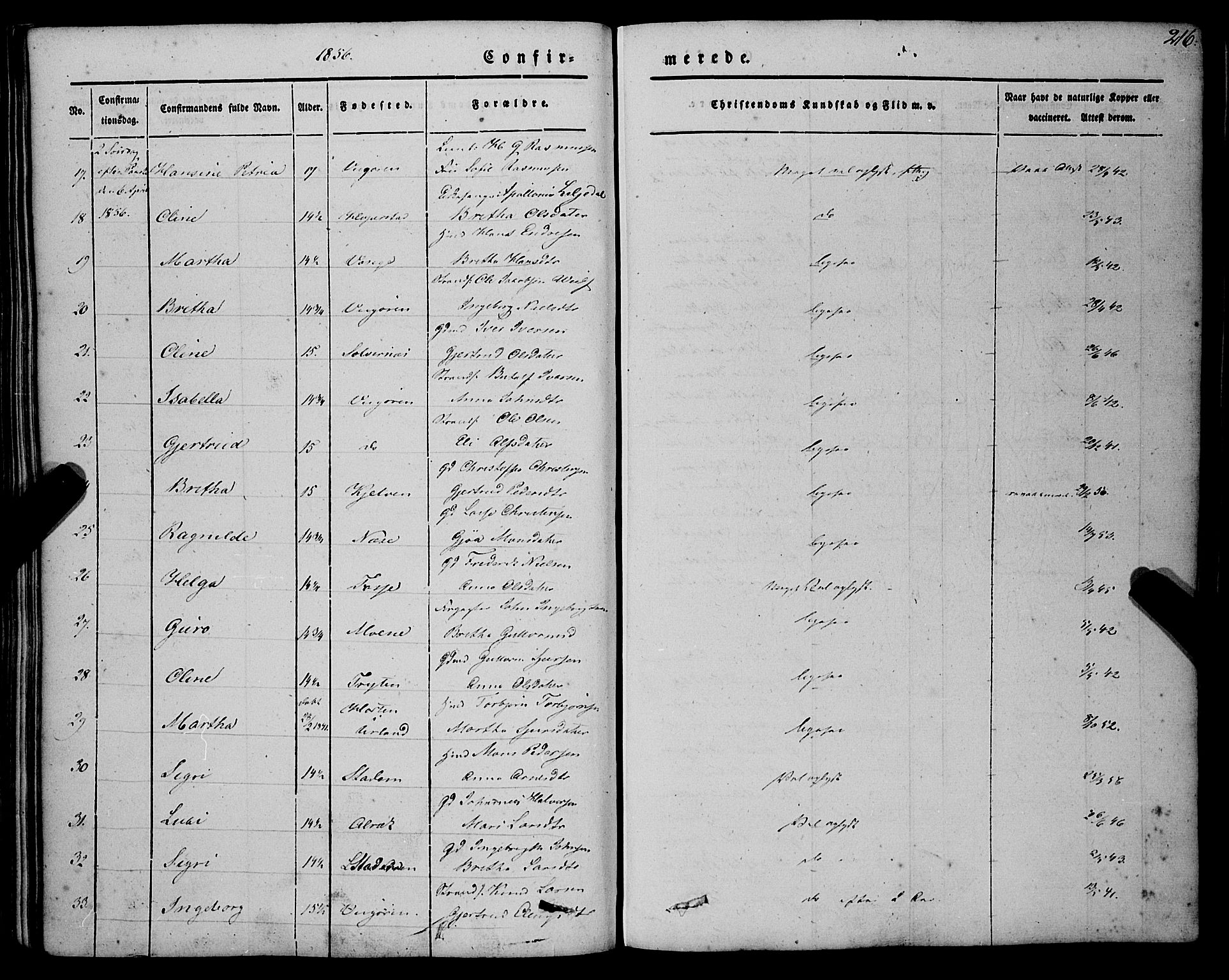 Vik sokneprestembete, AV/SAB-A-81501/H/Haa/Haaa/L0008: Parish register (official) no. A 8, 1846-1865, p. 216