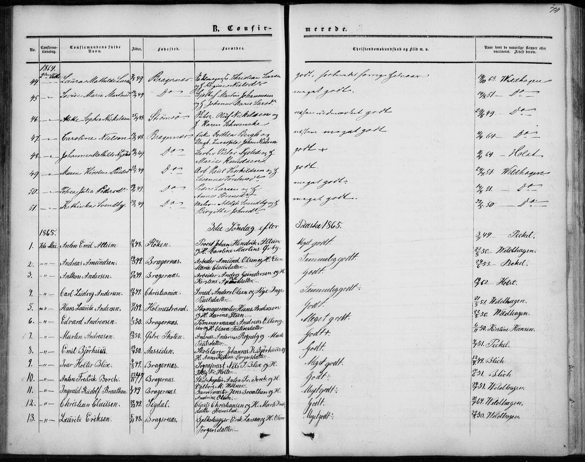 Bragernes kirkebøker, AV/SAKO-A-6/F/Fc/L0002: Parish register (official) no. III 2, 1854-1865, p. 74