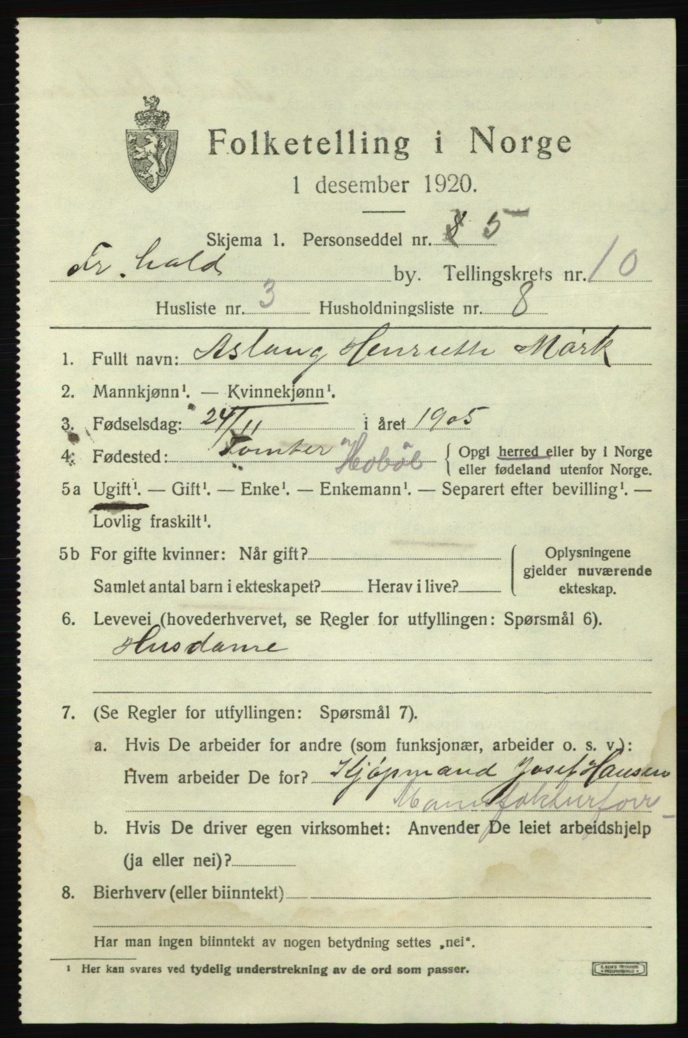 SAO, 1920 census for Fredrikshald, 1920, p. 17504