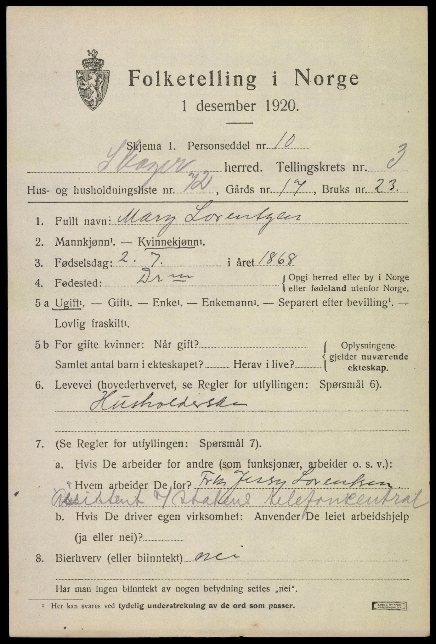SAKO, 1920 census for Skoger, 1920, p. 8477