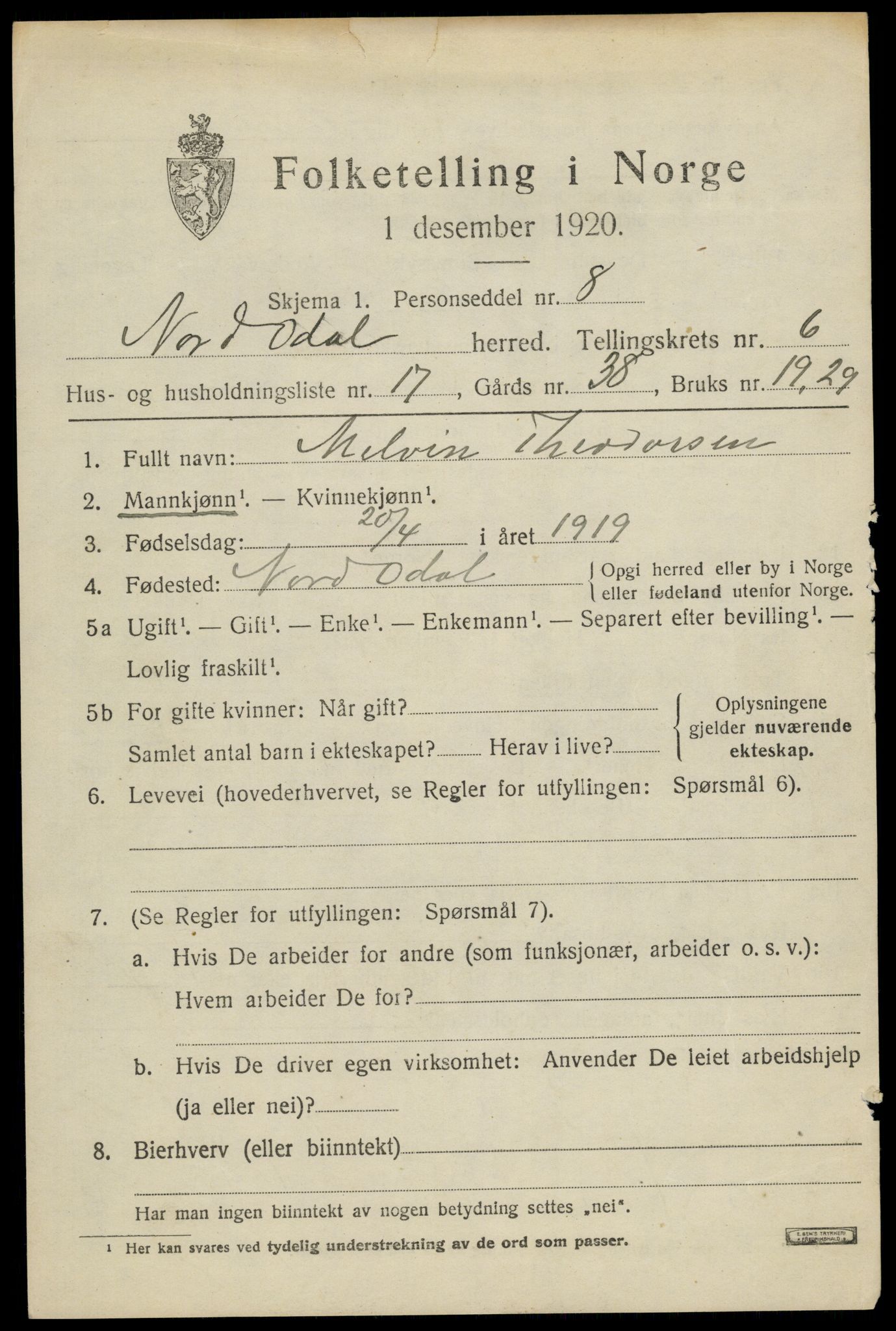 SAH, 1920 census for Nord-Odal, 1920, p. 6809