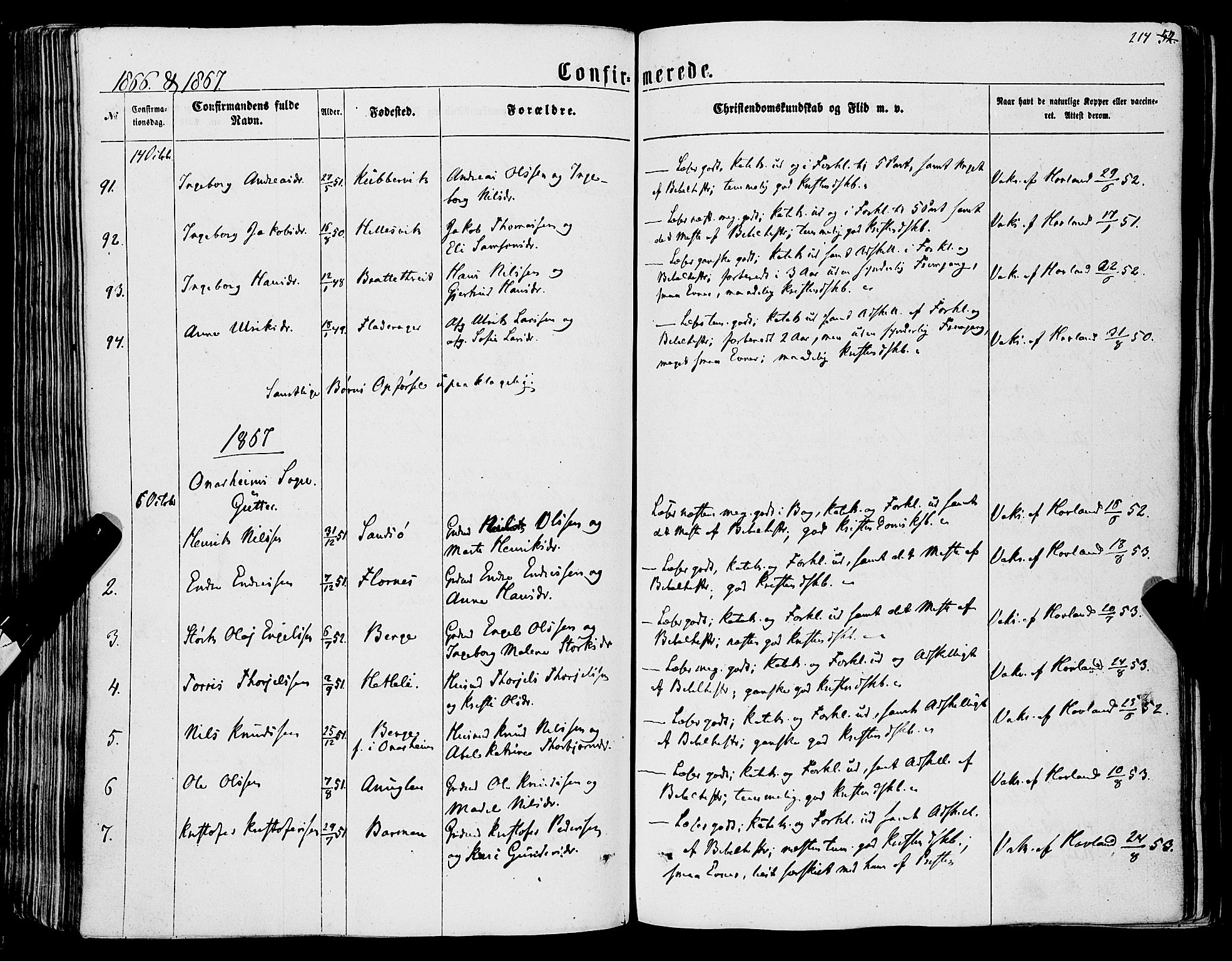 Tysnes sokneprestembete, SAB/A-78601/H/Haa: Parish register (official) no. A 11, 1860-1871, p. 214