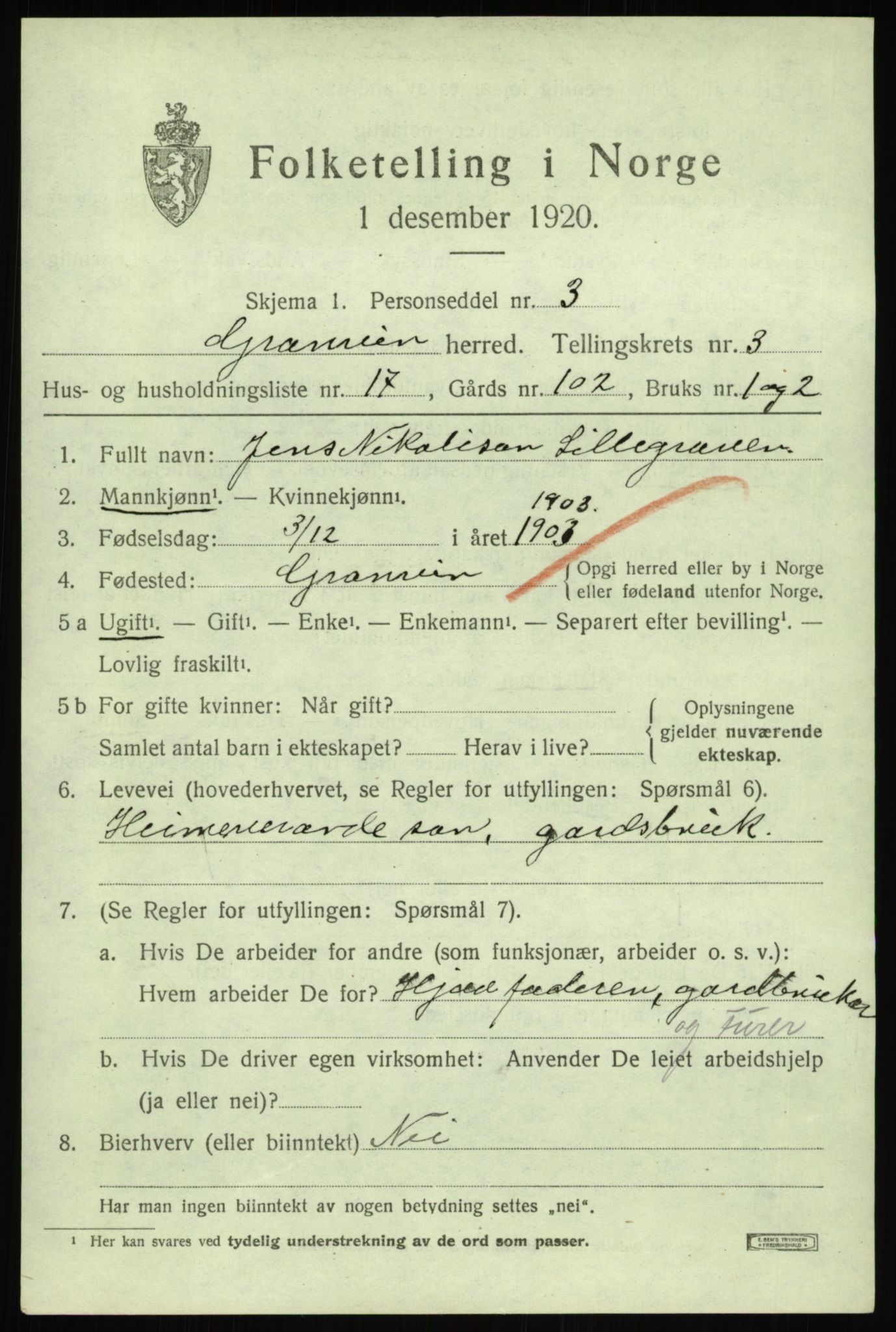 SAB, 1920 census for Granvin, 1920, p. 1318