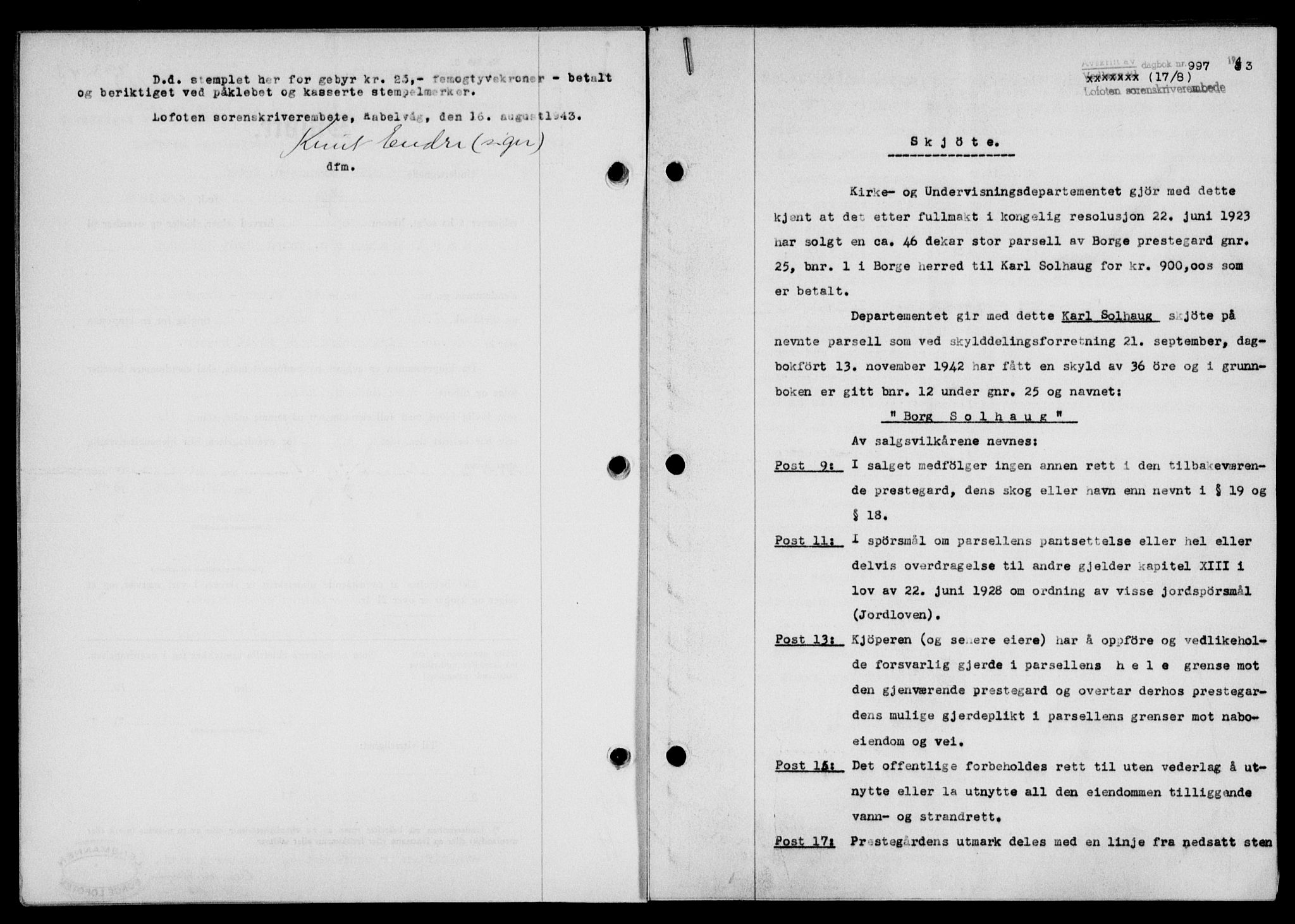 Lofoten sorenskriveri, SAT/A-0017/1/2/2C/L0011a: Mortgage book no. 11a, 1943-1943, Diary no: : 997/1943