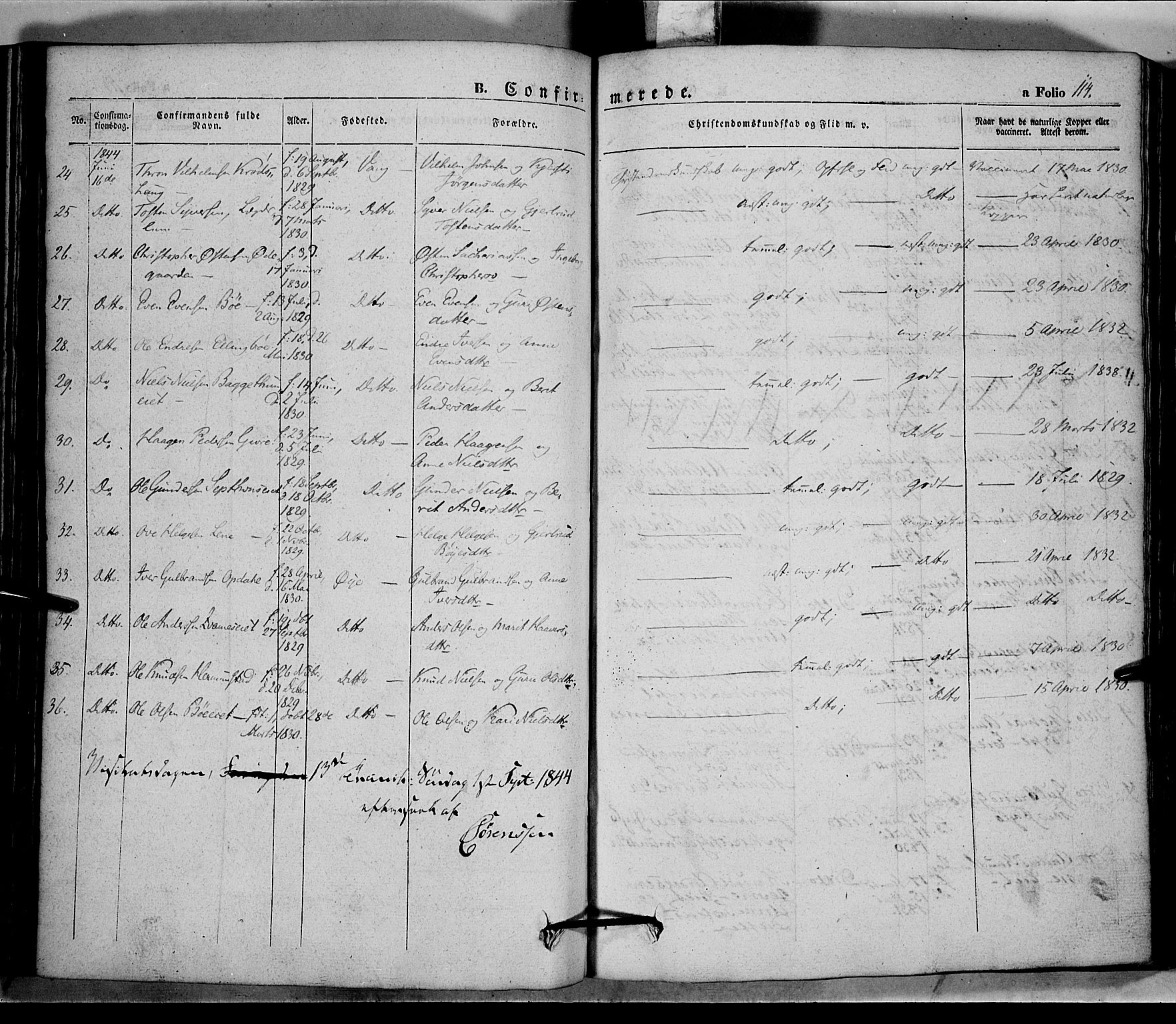 Vang prestekontor, Valdres, SAH/PREST-140/H/Ha/L0005: Parish register (official) no. 5, 1831-1845, p. 114