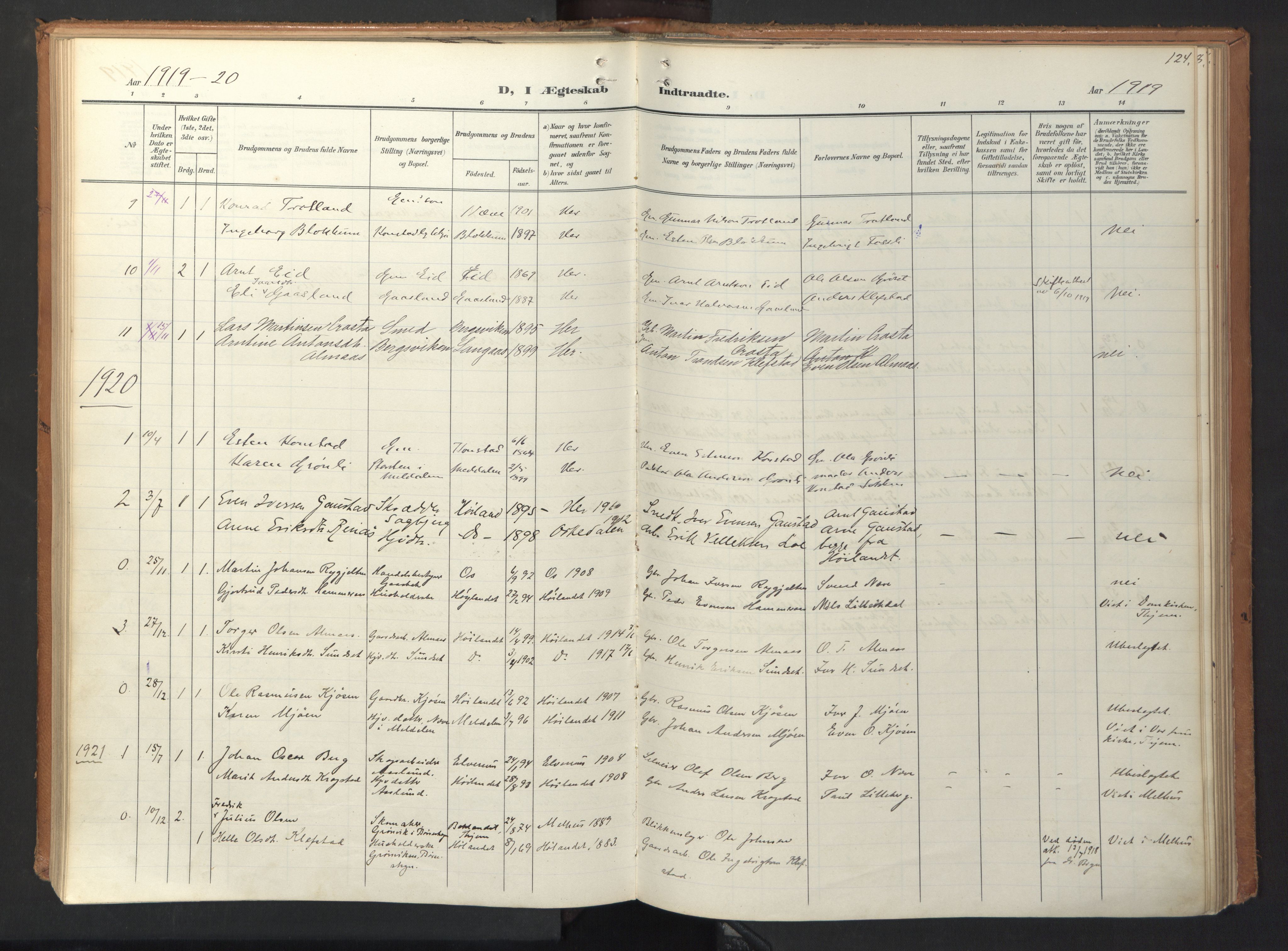 Ministerialprotokoller, klokkerbøker og fødselsregistre - Sør-Trøndelag, SAT/A-1456/694/L1128: Parish register (official) no. 694A02, 1906-1931, p. 124