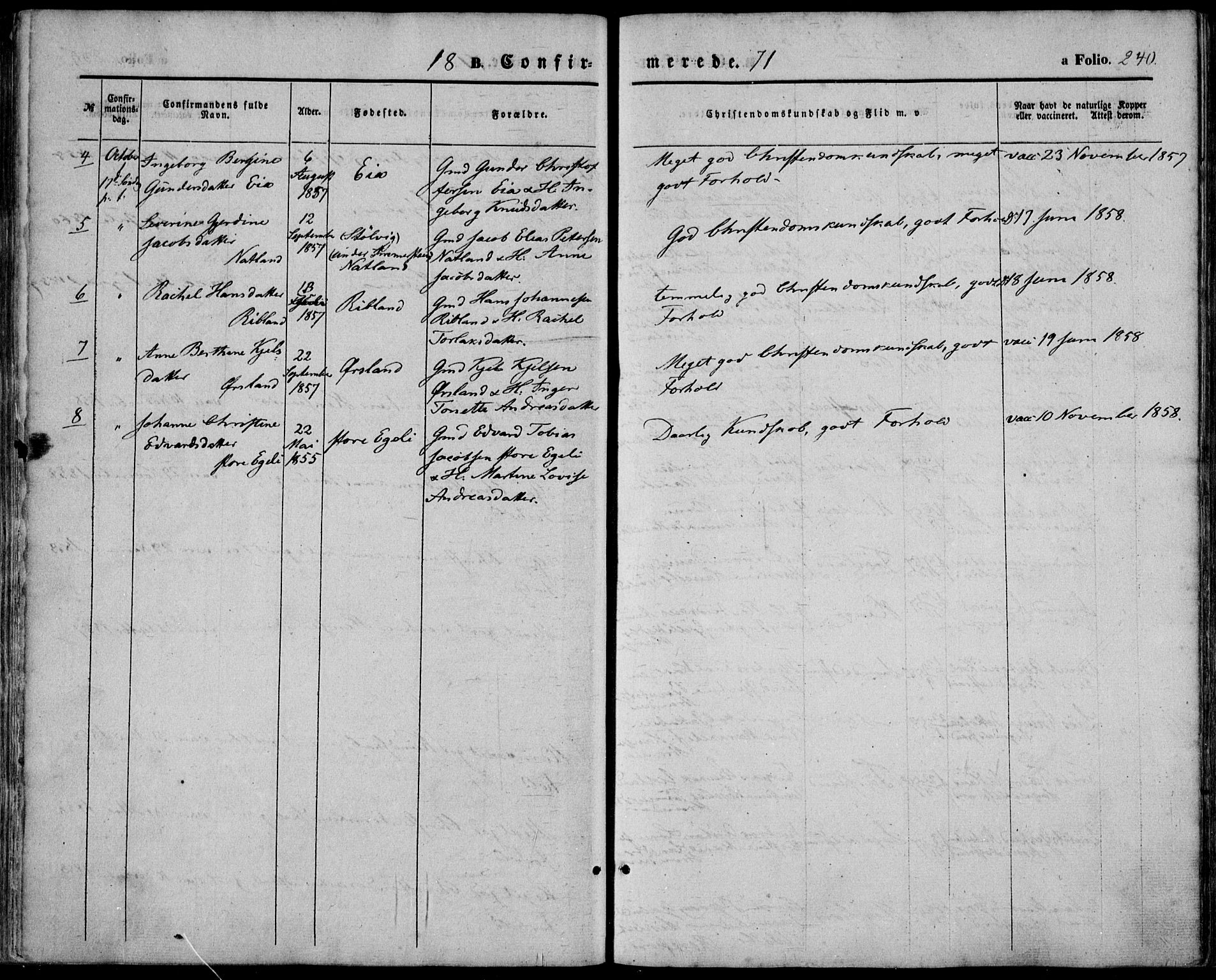 Sokndal sokneprestkontor, AV/SAST-A-101808: Parish register (official) no. A 9, 1857-1874, p. 240