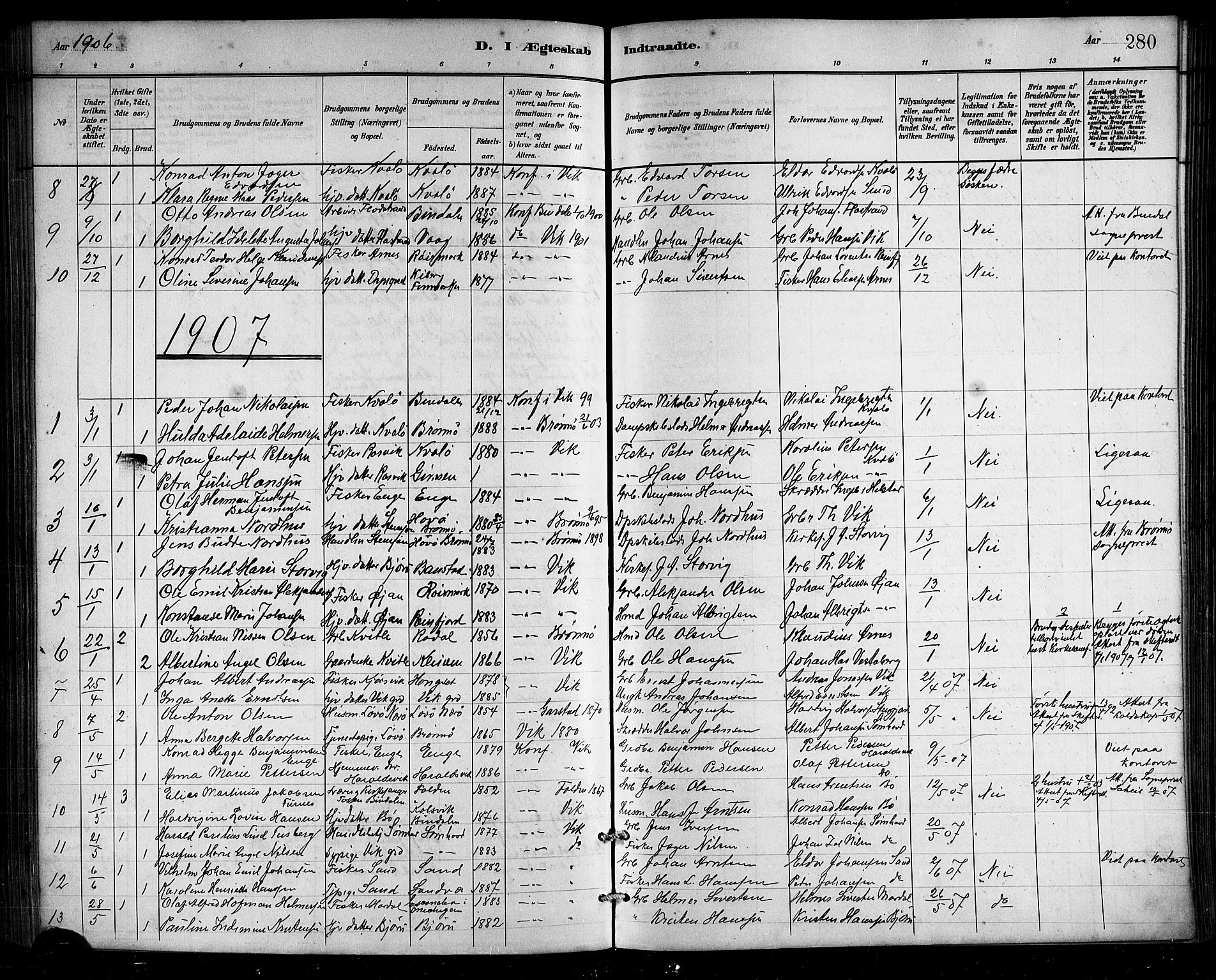 Ministerialprotokoller, klokkerbøker og fødselsregistre - Nordland, SAT/A-1459/812/L0188: Parish register (copy) no. 812C06, 1884-1912, p. 280