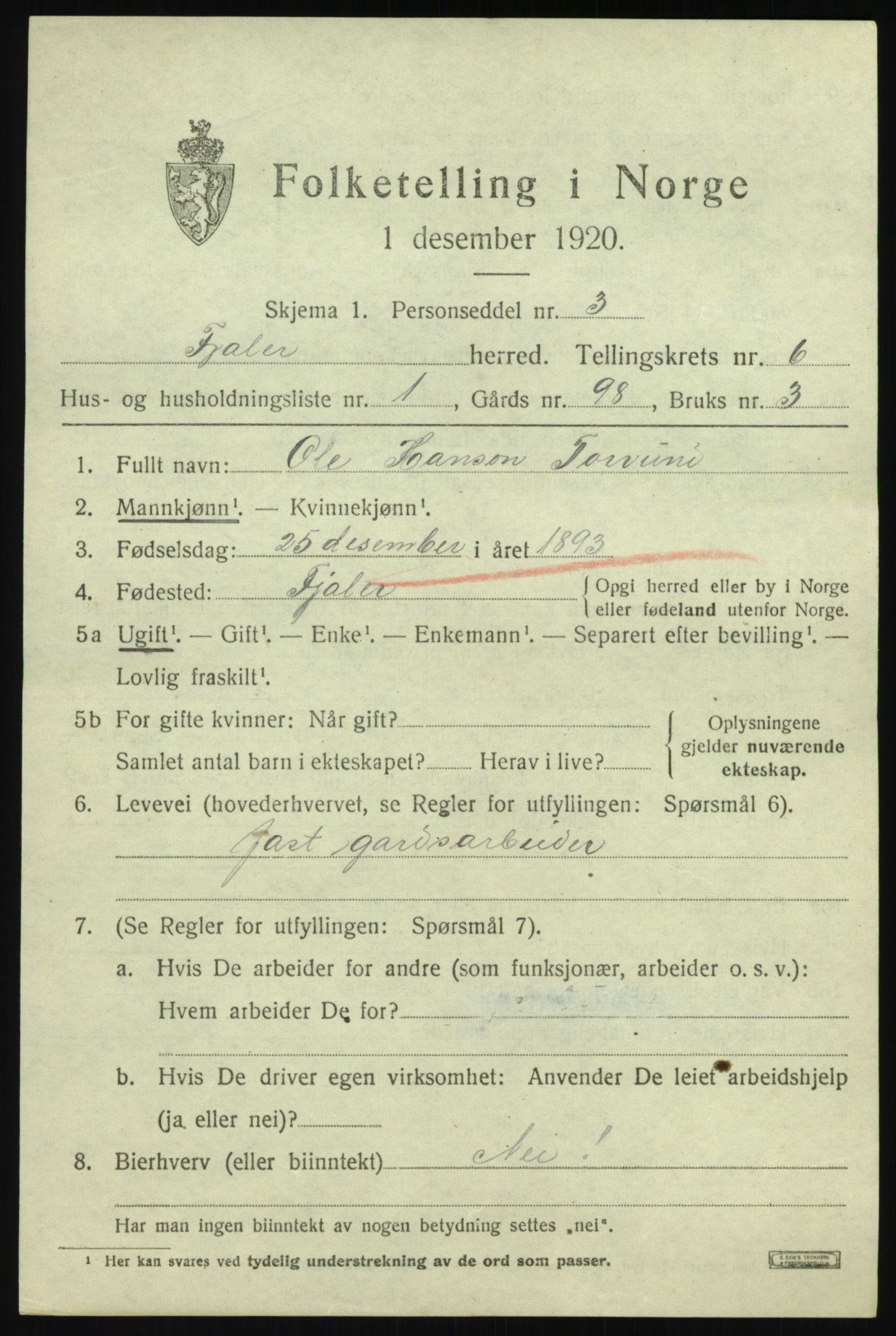 SAB, 1920 census for Fjaler, 1920, p. 3773